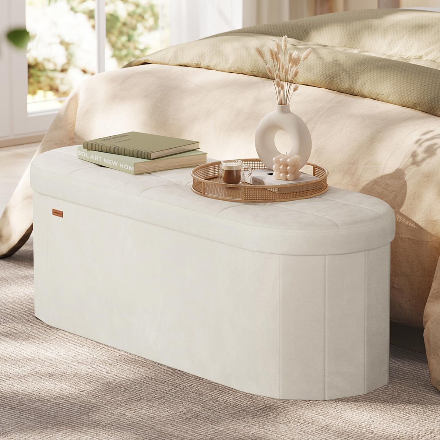 SONGMICS Mazie Collection - Folding Ottoman with Storage, Oval Storage Ottoman Bench, for Living Room, Bedroom, Velvet Fabric, 15 x 43 x 15 Inches, Cream White ULSF297LH01