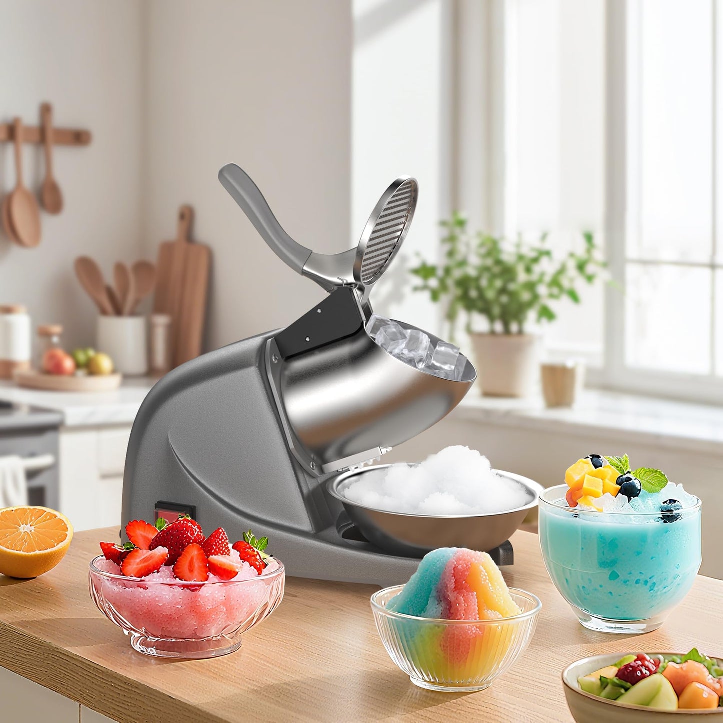 OKF Ice Shaver Prevent Splash Snow Cone Machine, Electric 3 Blades Shaved Ice Machine, 380W Ice Shaver Machine, 286lbs/hr Ice Crushers for Home Use, Ice Shaver Machine Electric, Ice Crusher (Silver)