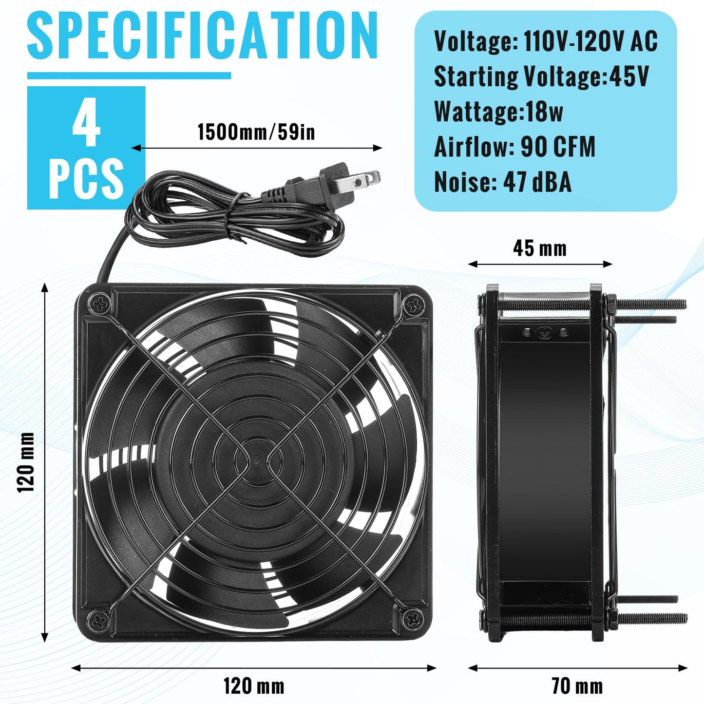 Glooglitter 4 Pack 120V AC Fans Muffin Fan Waterproof18W 2850RPM 90CFM Life 50000 Hours Small Cooling Ventilation Exhaust Projects (120mm)