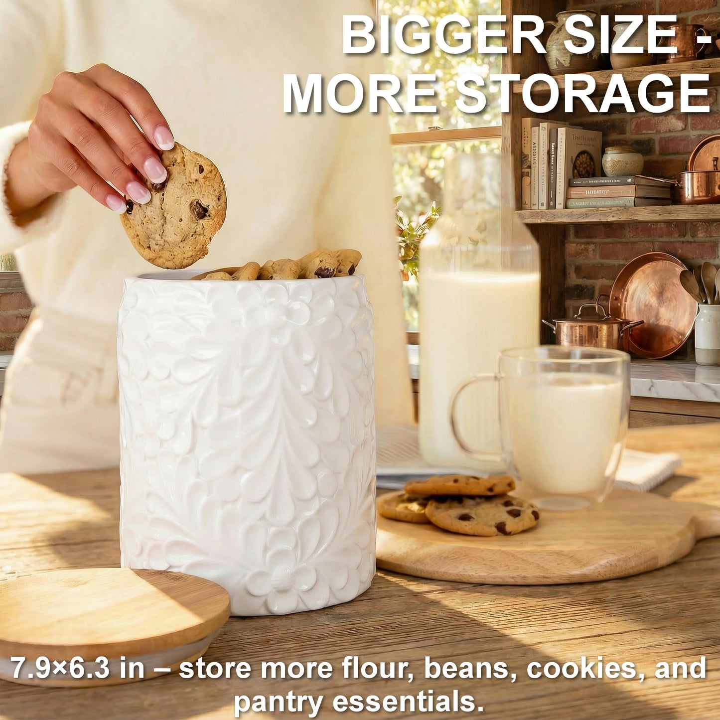 XXL 94 Oz Engraved Ceramic Kitchen Canister - Storage Jars with Airtight Lids Made from Bamboo with Nature-Inspired Engraving - Use as a Pasta Holder, Coffee Ground Holder, Rice Container, Candy Jar