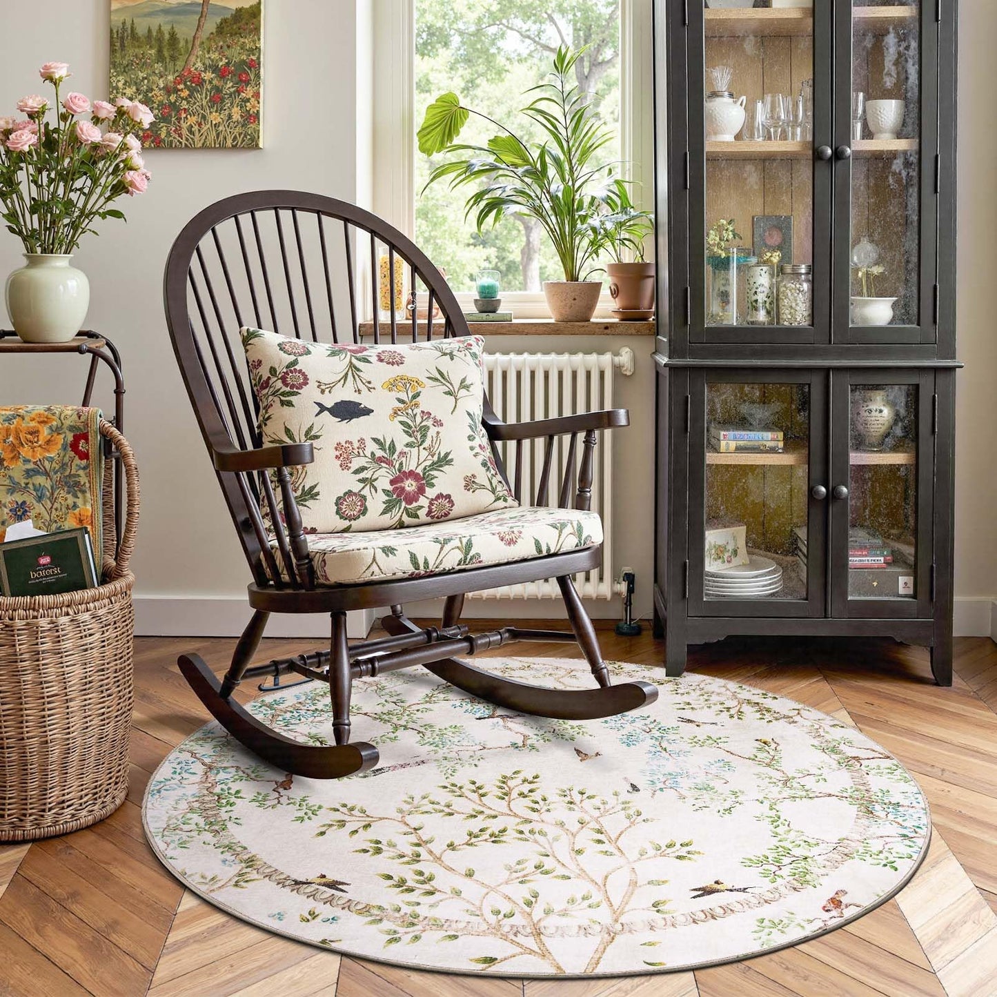 jinchan Yarden Round Rugs 5ft Ivory Botanical Birds Print Machine Washable 5' Circle Nature Plants Modern Soft Non Slip Throw Area Rugs Ultra Thin Low Pile Carpet for Entryway Bedroom Kids Room