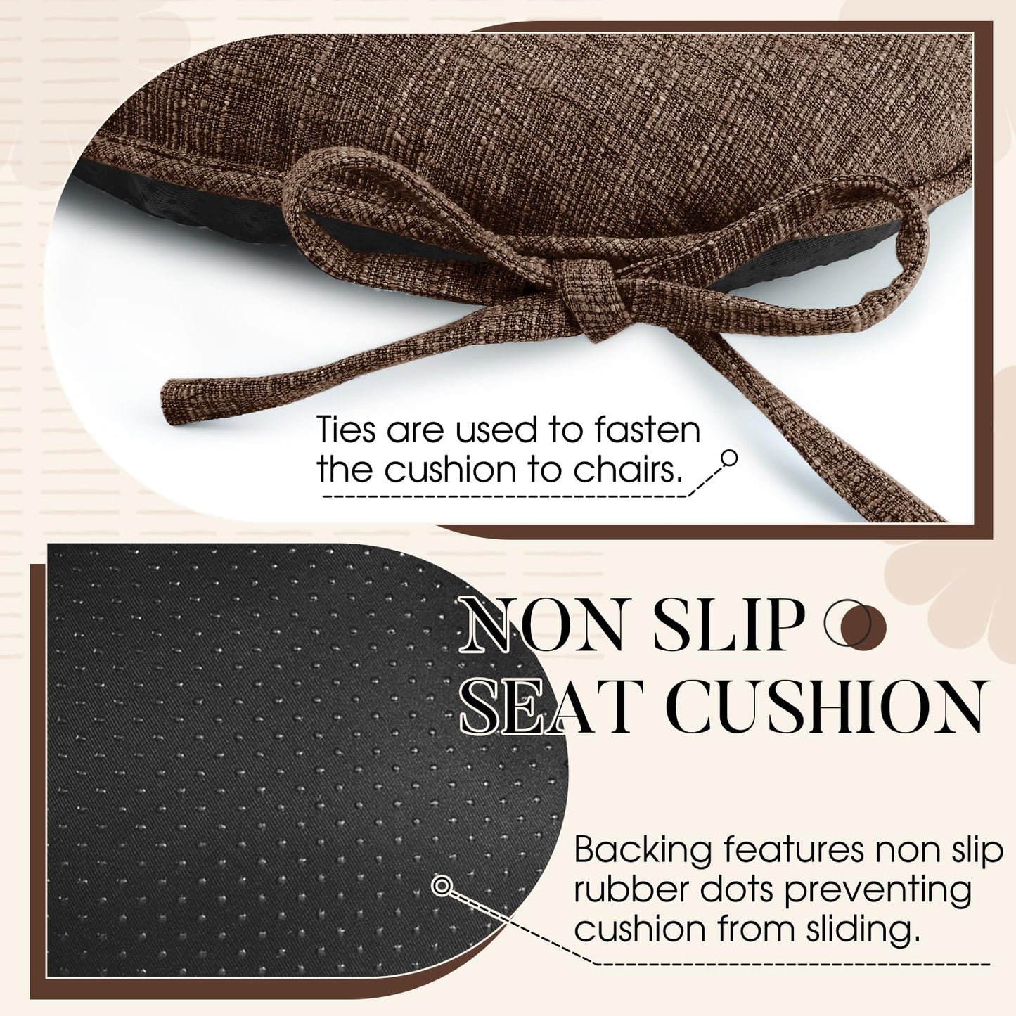 Basic Beyond Chair Cushions for Dining Chairs 4 Pack, Chair Cushion with Ties and Non Slip Backing, 15.5 x 15.5 inches Tufted Chair Pads for Dining Chairs(Brown)