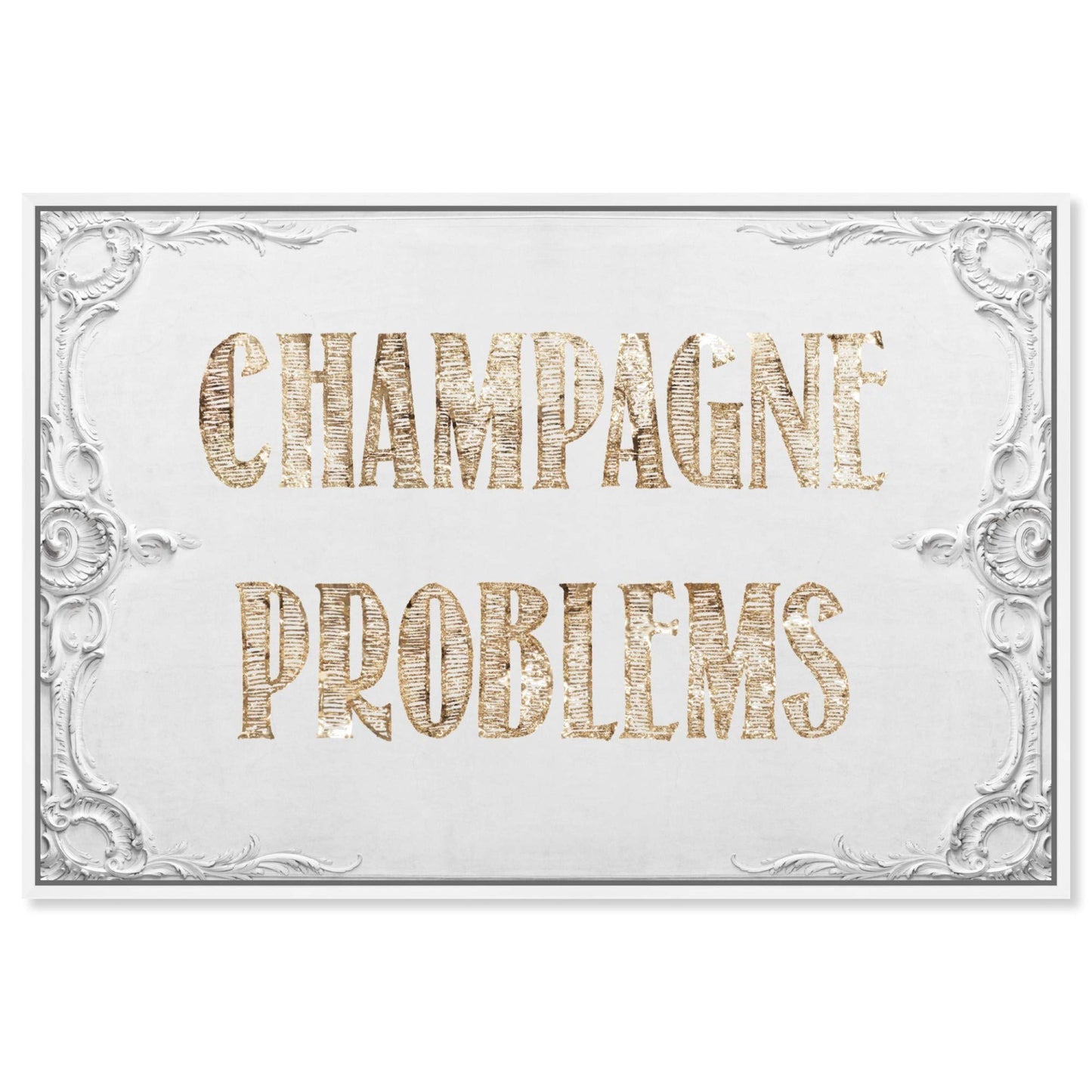 The Oliver Gal Artist Co. Typography Framed Wall Art Canvas Prints 'Champagne Problems' Quotes and Sayings Home Décor, 15" x 10", Gold, White