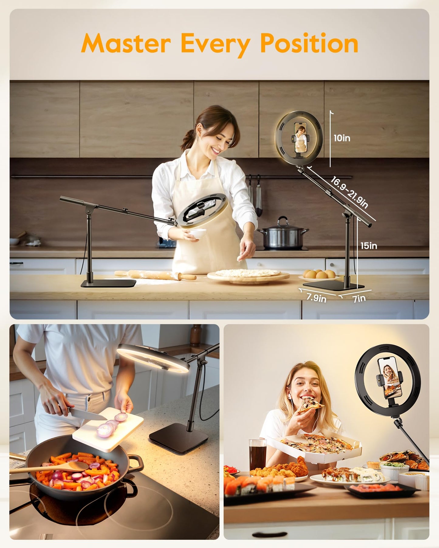 Ring Light with Stand for Desk,Adjustable Overhead Phone Mount with 10" Ring Light Tripod for iPhone,Phone Tripod with Light and Remote Phones Holder for Video Recording,Live Stream,Cooking Video