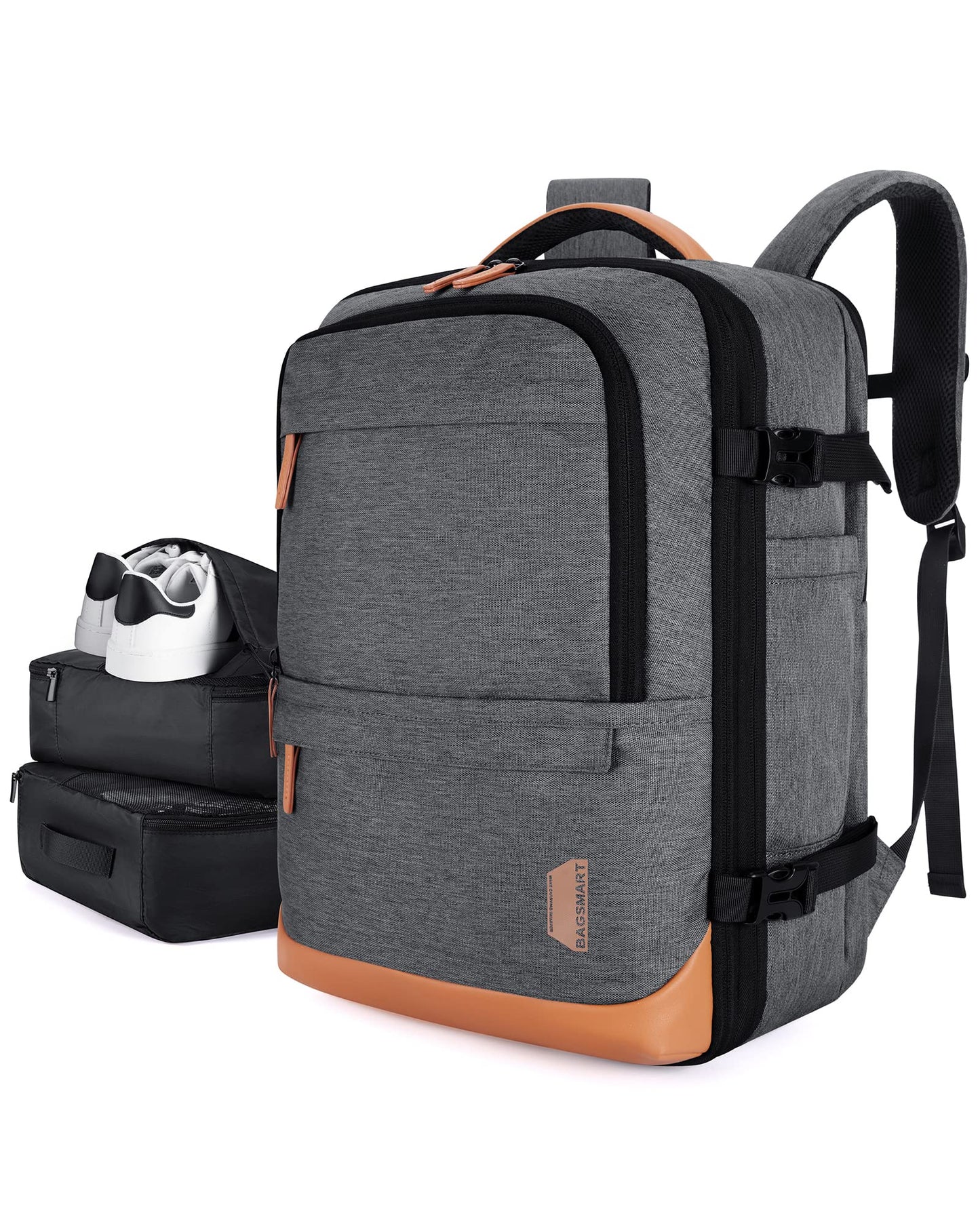 BAGSMART 37L Compression Travel Backpack, Expandable Carry On Backpack with Packing Cubes, Water Resistant Weekender Backpack Fits 17 Inch laptop, Luggage Daypack with Shoe Bag, Grey