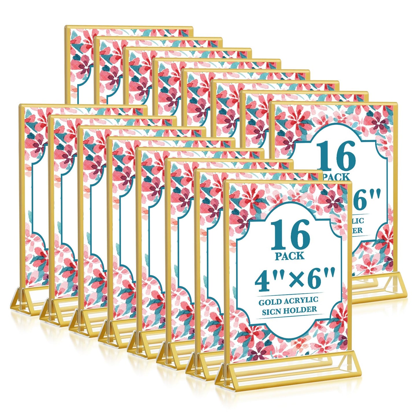 Gold Acrylic Sign Holder 4x6, 16 Pack Wedding Gold Frame Table Number Holders Vertical, Clear Picture Frames Flyer Stands Tables Menu Holder, Double Photo Paper Display Holder for Party, Home, Office