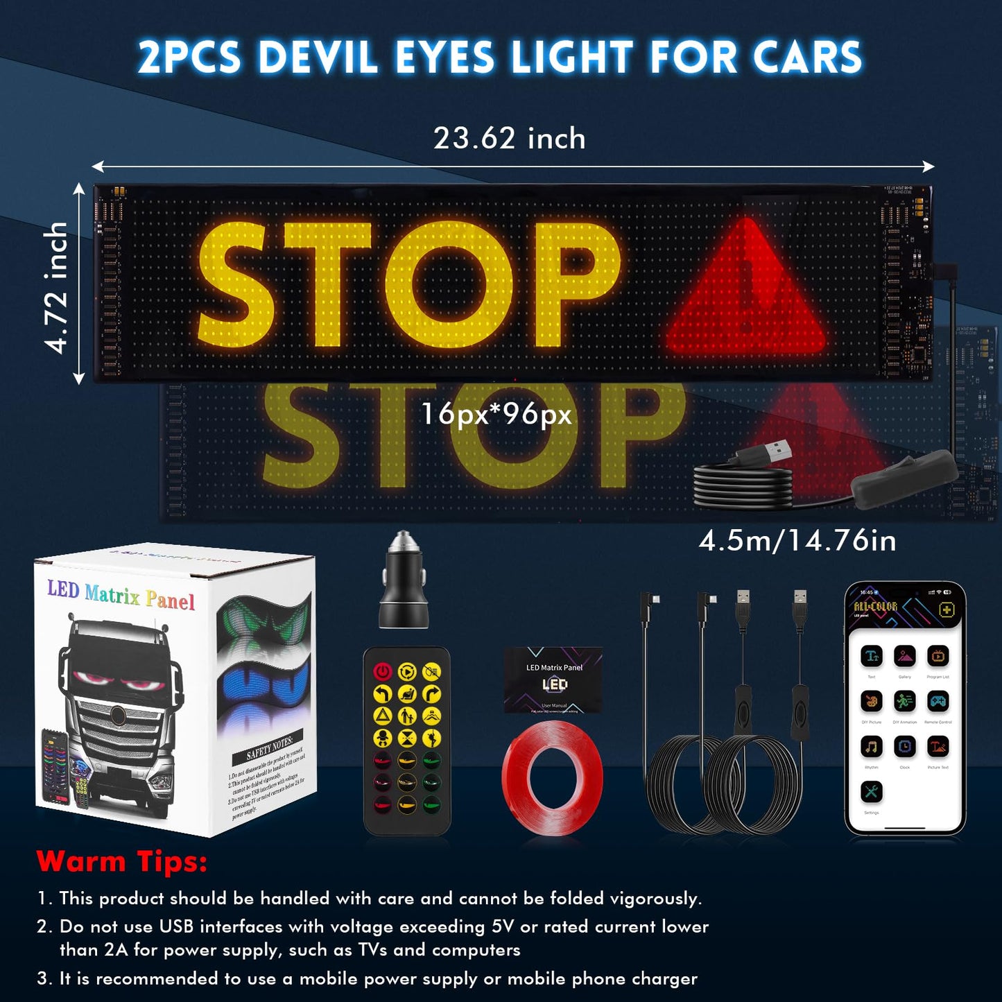 2pcs Devil Eyes Lights for Cars, 23.62"x4.72" Programmable LED Eyes for Car/Truck Windshield, Flexible LED Display Screen Panel for Car Window, DIY 𝗖𝗮𝗿 Dynamic Smart Colorful Eye Lamp Soft Screen