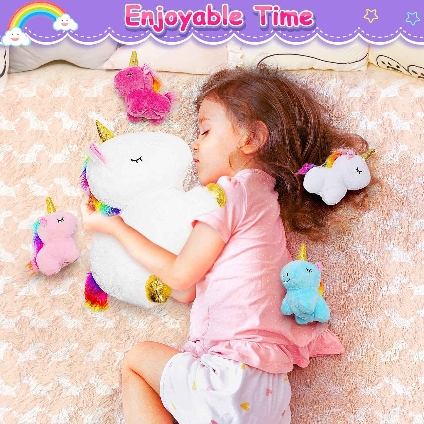 KMUYSL Unicorn Toys for Girls Ages 3 4 5 6 7 8+ Year - Unicorn Mommy Stuffed Animal with 4 Baby Unicorns in Her Tummy, Valentines and Birthday Gifts, Soft Plush Set for Baby, Toddler, Kids