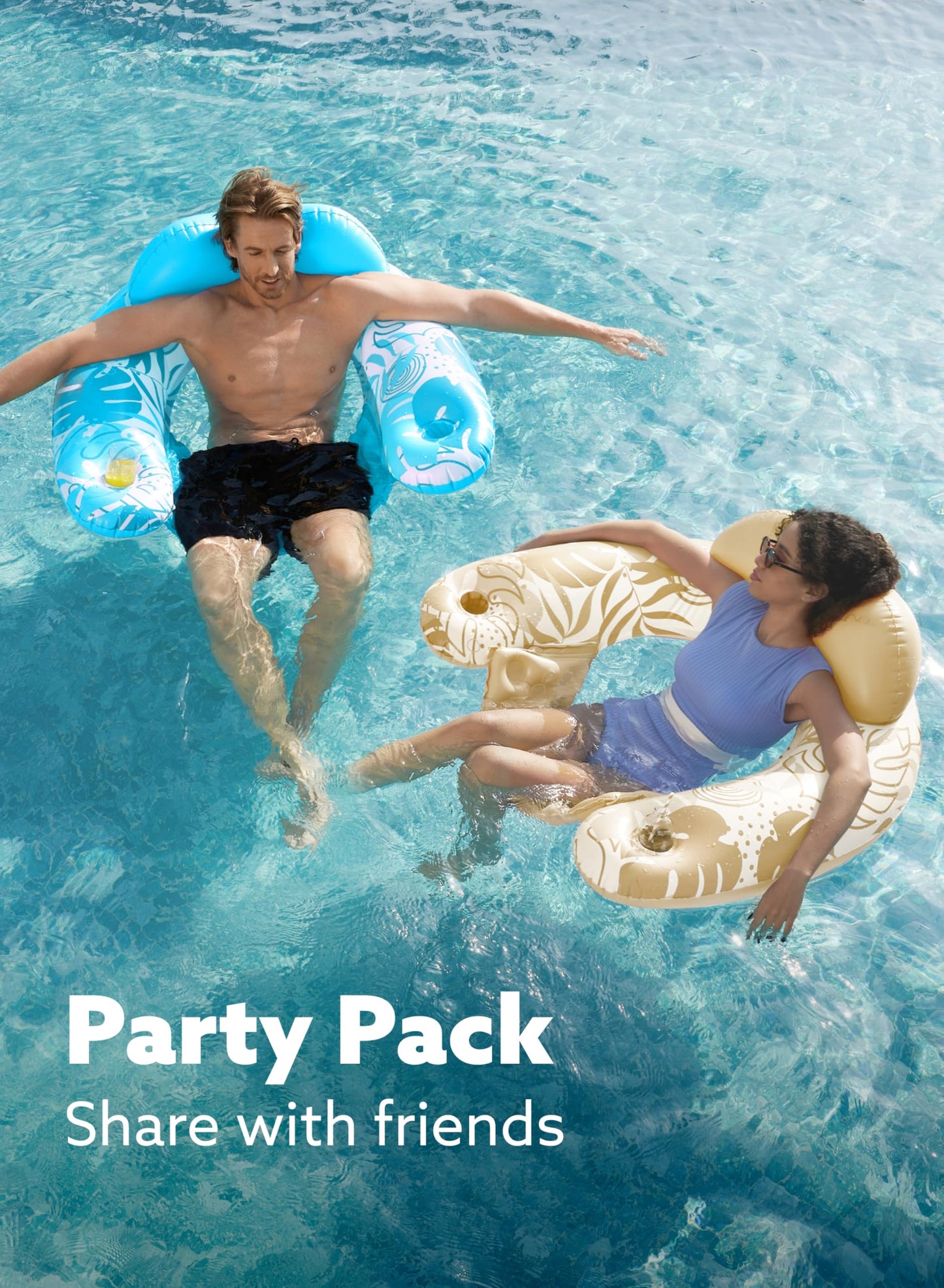 SLOOSH Inflatable Pool Floats Adult, 4 Pack Pool Chairs with Cup Holders,Blow up Floats Chair,Hammock Noodle Mat Leaves Design for Summer Water Fun Swimming Party Beach,Blue, Cyan, Pink, Champagne
