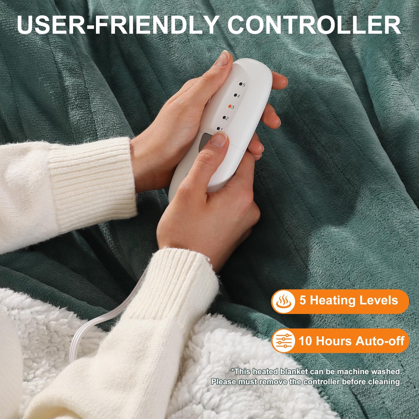Electric Blanket Twin 62''X84'' Heated Blanket Green, Ultra Soft Silky Flannel & Fluffy Sherpa Heating Blanket with 5 Heat Levels & 10 Hrs Timer, ETL Certified & Overheat Protection, Gifts for Grandma