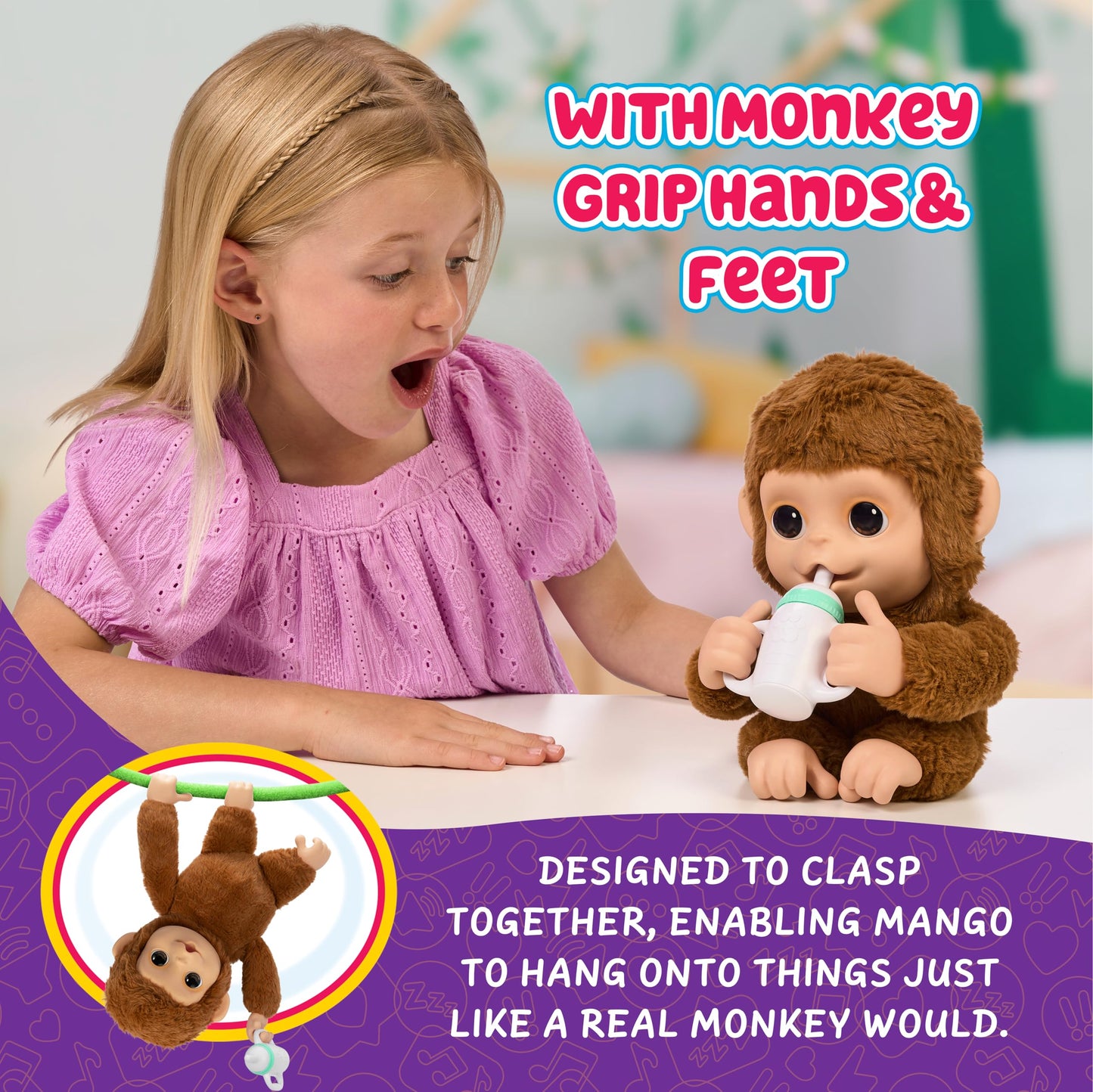 Little Live Pets My Baby Monkey - Adorable pet Monkey with Over 50 Sounds & Reactions. Expressive Moving Mouth. Mango Sucks his Thumb, Feeds from his Bottle, & Hangs from his Hands & feet!