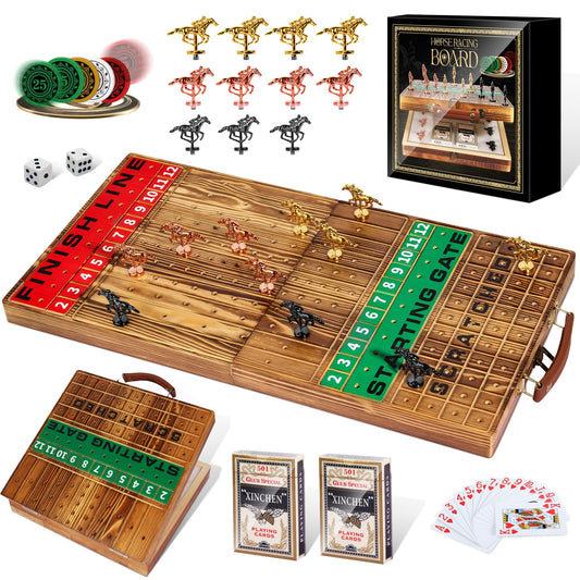 Large 22.8 inches Foldable Horse Race Board Game for Adults, Thickened Solid Wood with 11 Luxurious Durable Classic Metal Horses, 143 Chips, 2 Dice, 2 Boxes of Cards