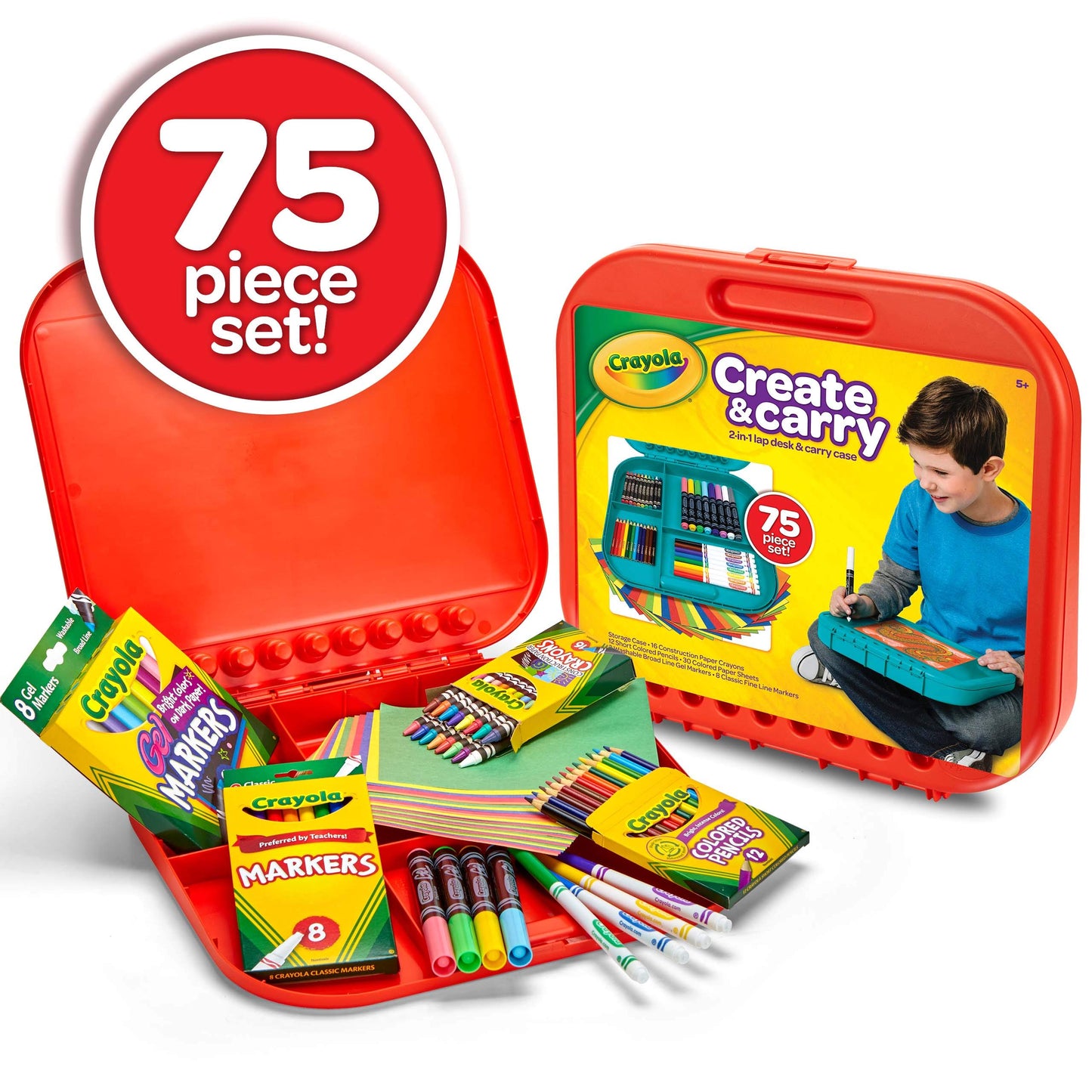 Crayola Create 'N Carry Travel Art Set for Kids (75pcs), 2-in-1 Lap Desk & Carrying Case, Holiday & Christmas Gifts for Kids, Art Supplies Kit for Crafting, Drawing & Coloring, Pack of 4