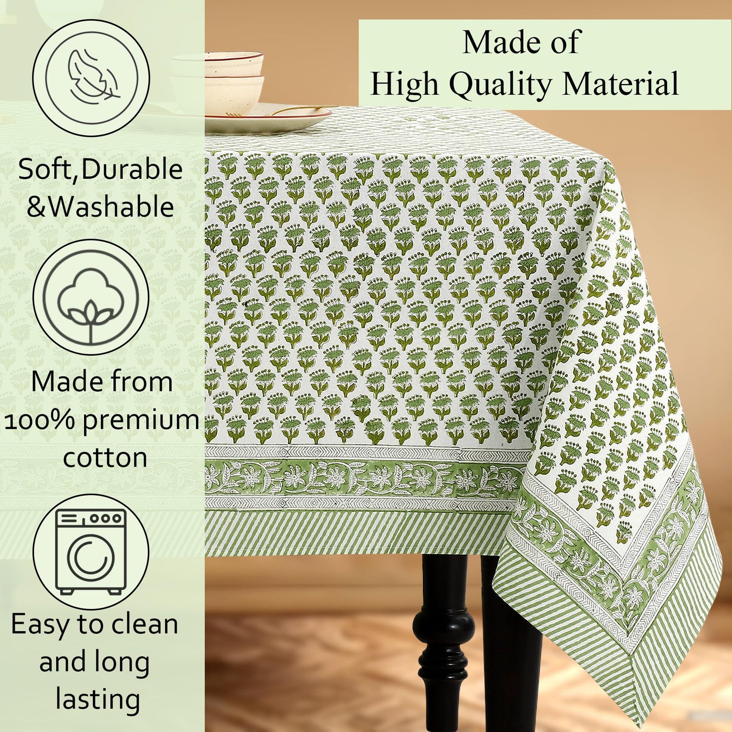 CPC Tablecloth 100% Cotton 70x118 Inch Indian Block Print Rectangle Table Cover, Table Cloth for Weddings, Spring/Summer, Barbeque - Emerald Green