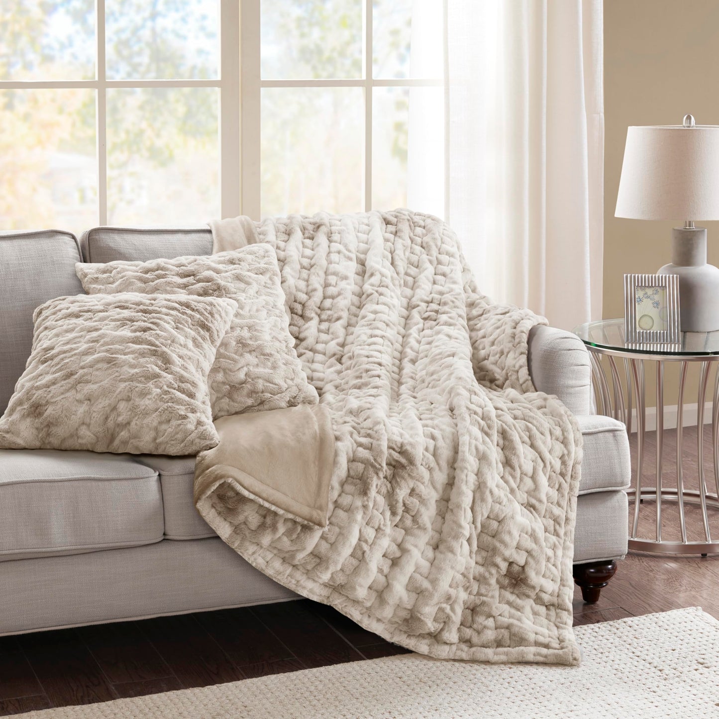Comfort Spaces Ruched Faux Fur Plush Throw Blanket and Pillow Set with 2 Matching Square Pillow Covers Sofa Throw Blanket for Living Room, Chair, Couch, Home Office Fuzzy Soft Tan Tie Dye 50"x 60"