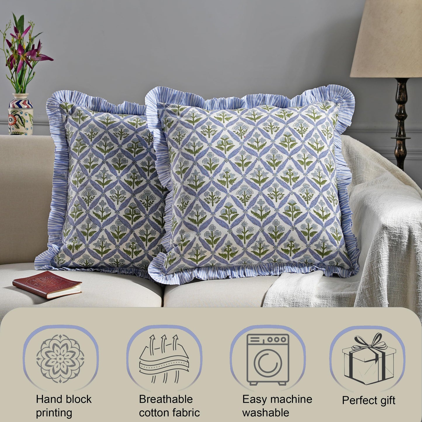 Ridhi Block Print Light Steel Blue Throw Pillow Cover 20" x 20" (Pack of 2) Decorative Cushion Covers with Ruffle for Couch, Sofa, Bed, Living Room, Home Decor Gift for Spring, Easter, Valentine