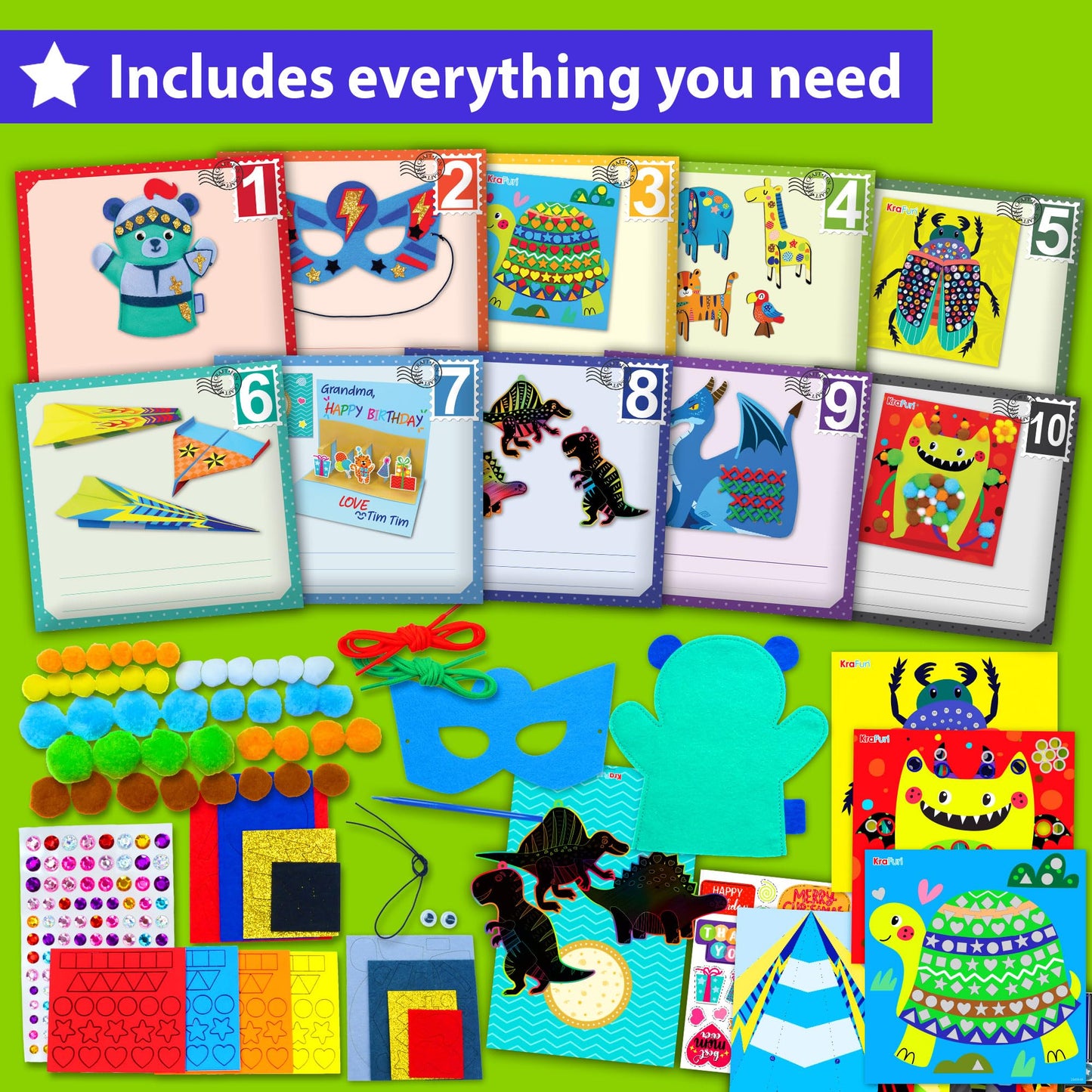 KRAFUN My First Craft Workshop Art and Craft Kit for Kids - 19 Projects in 10 Envelopes, Origami, Puppets, Lacing & Pompoms, Creative Educational Activities Boys Girls Toddlers Ages 3 4 5+