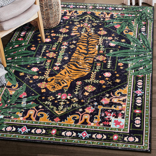 Aldopein Oriental Tropical Washable Rugs, Stain Resistant Black Boho Vintage Hippie 6x9 Area Rugs for Dining Living Room Office Dorm Entryway, Abstract Botanical Tribal Indian Accent Bedroom Carpet