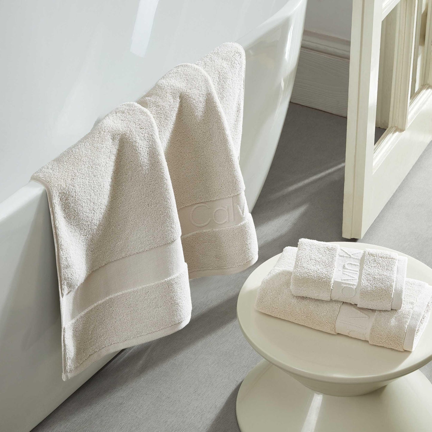 Calvin Klein - Bath Towels, Super Soft & Absorbent Cotton Towels, Zero Twist Construction, Brand Locker Loop for Easy Hanging (Iconic Solid Beige, 3 Piece)