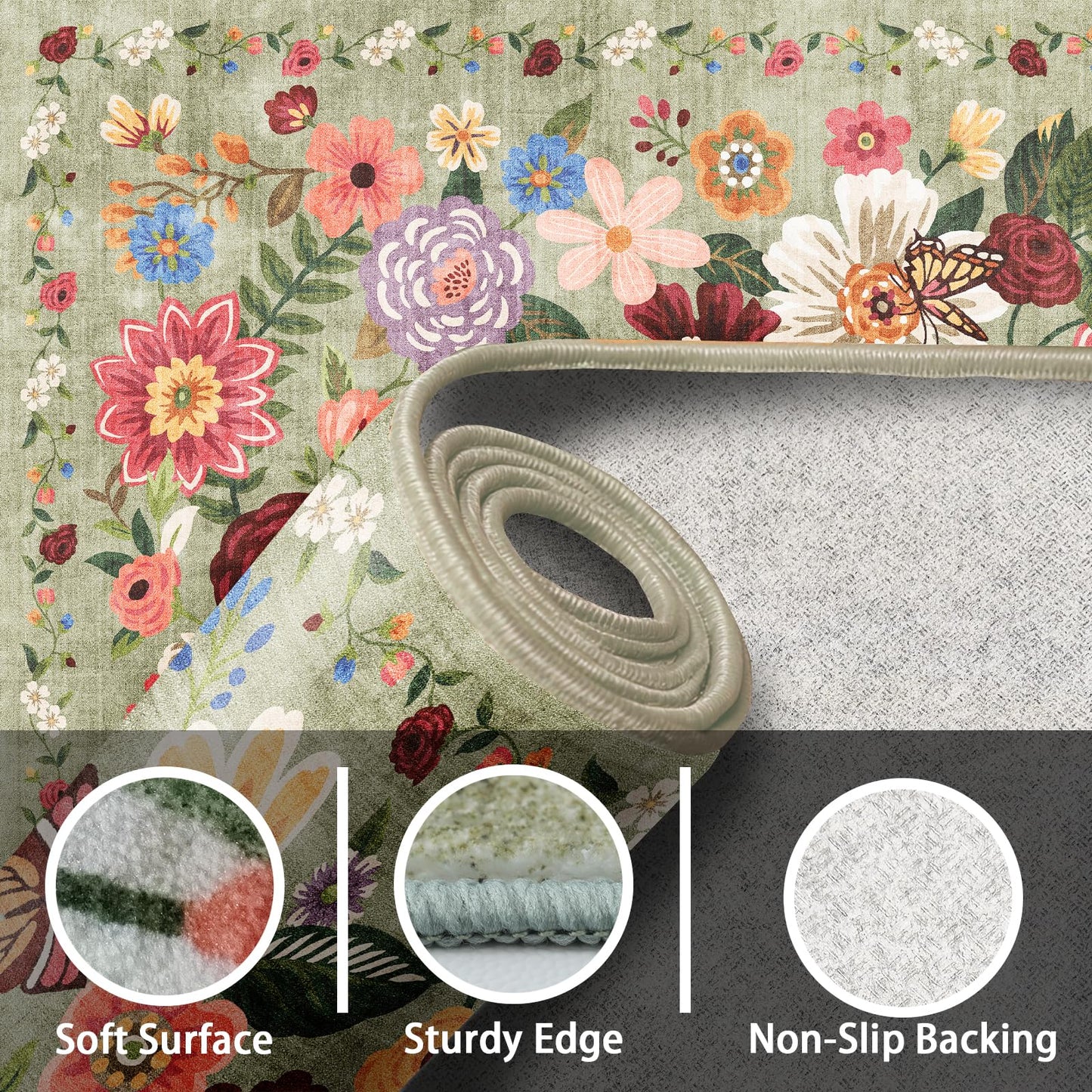 Rug for Hallways Kitchen Rug 3x7, Non Slip Washable Rugs with Rubber Backing Soft Floral Carpet Runner for Hallways, Kitchen, Laundry, Bedroom, Bathroom(3 x 7, Green Garden)