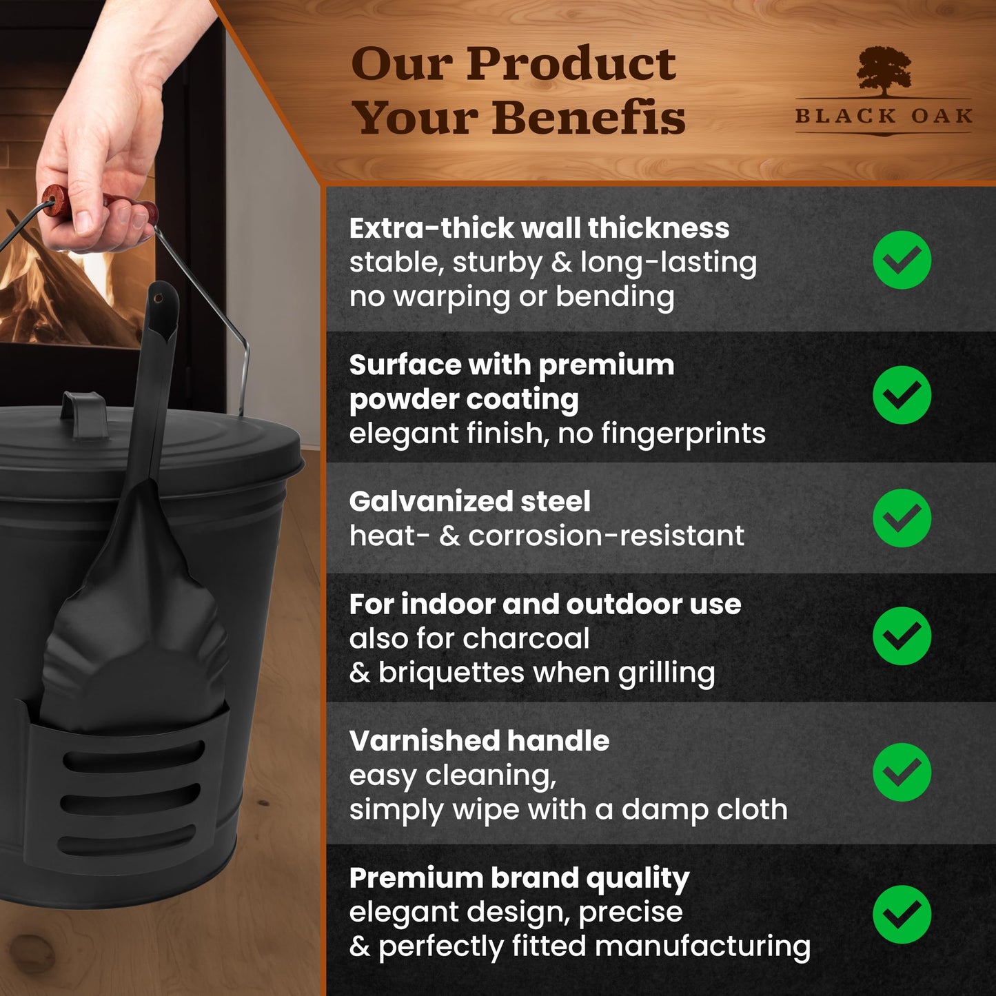 BLACK OAK Ash Bucket Stromboli 5.3 GAL –Black with lid, Shovel & Gloves –Silver Handle –Large 20L, Fireproof Galvanized Steel & Powder-Coated, ash & Coal, Fireplace, Tiled Stove, Wood-Burning Stove