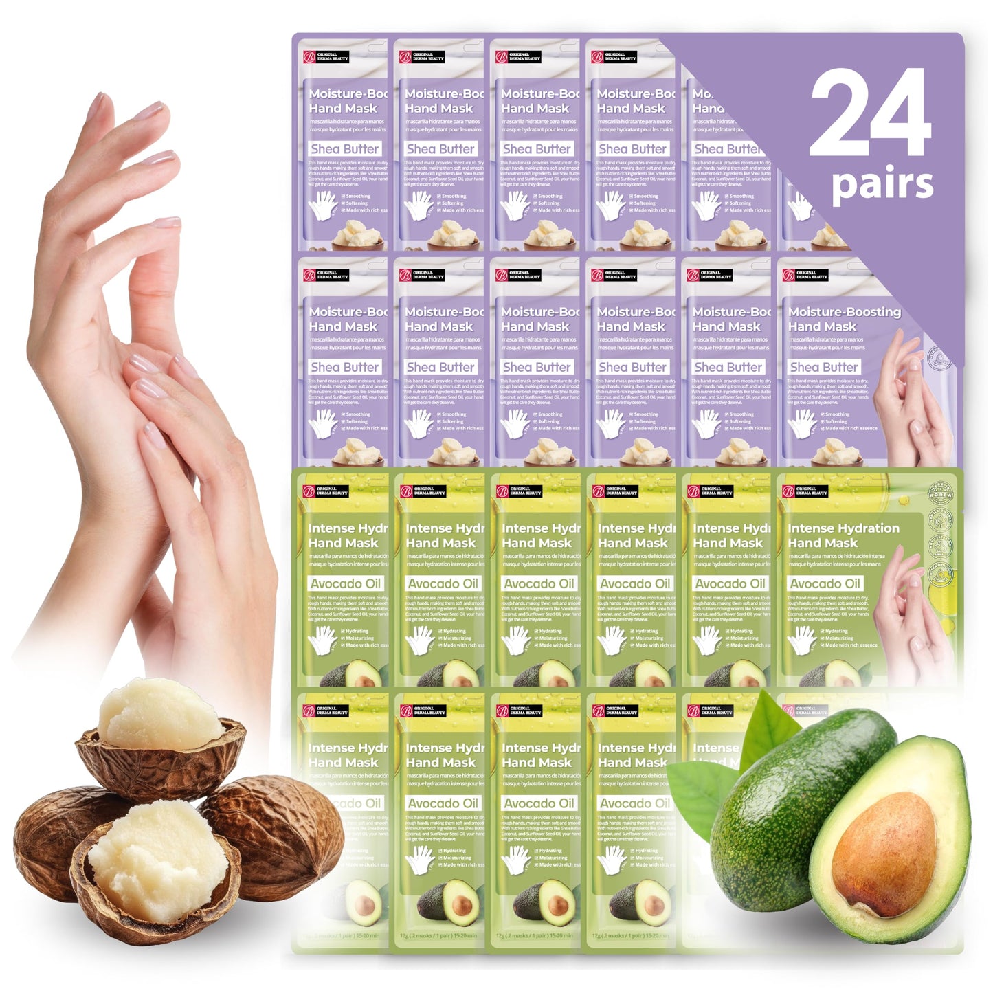 Innerest Original Derma Beauty - 24 Pairs Hand Mask Bulk Shea Butter + Avocado Hand Masks Moisturizing Glove (Assort #2)