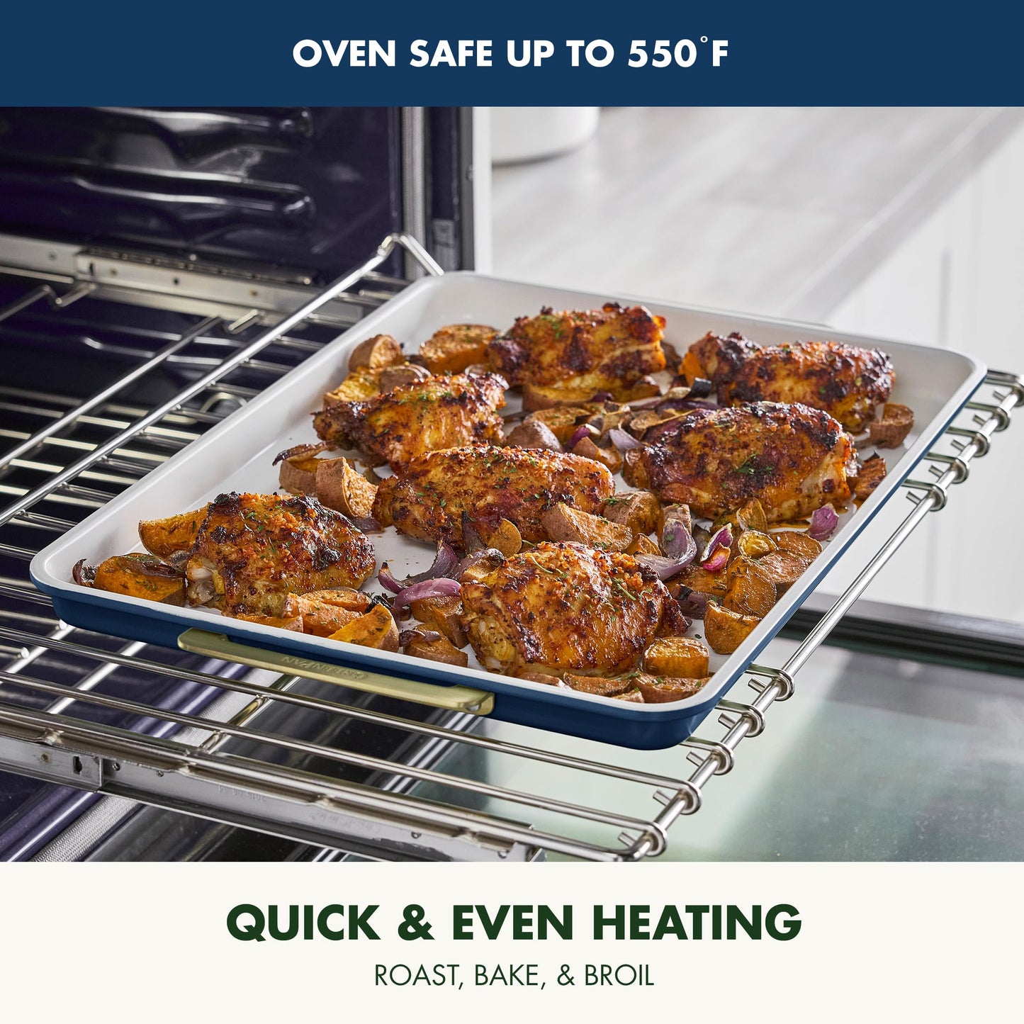 GreenPan Bakeware 13"x18" Half Baking Sheet Pan, Ceramic Nonstick Baking Pan, PFAS & BPA Free, Gold Handles, Durable Steel, Versatile & Space Saving Ovenware, Freezer to Oven Dish, Oxford Blue