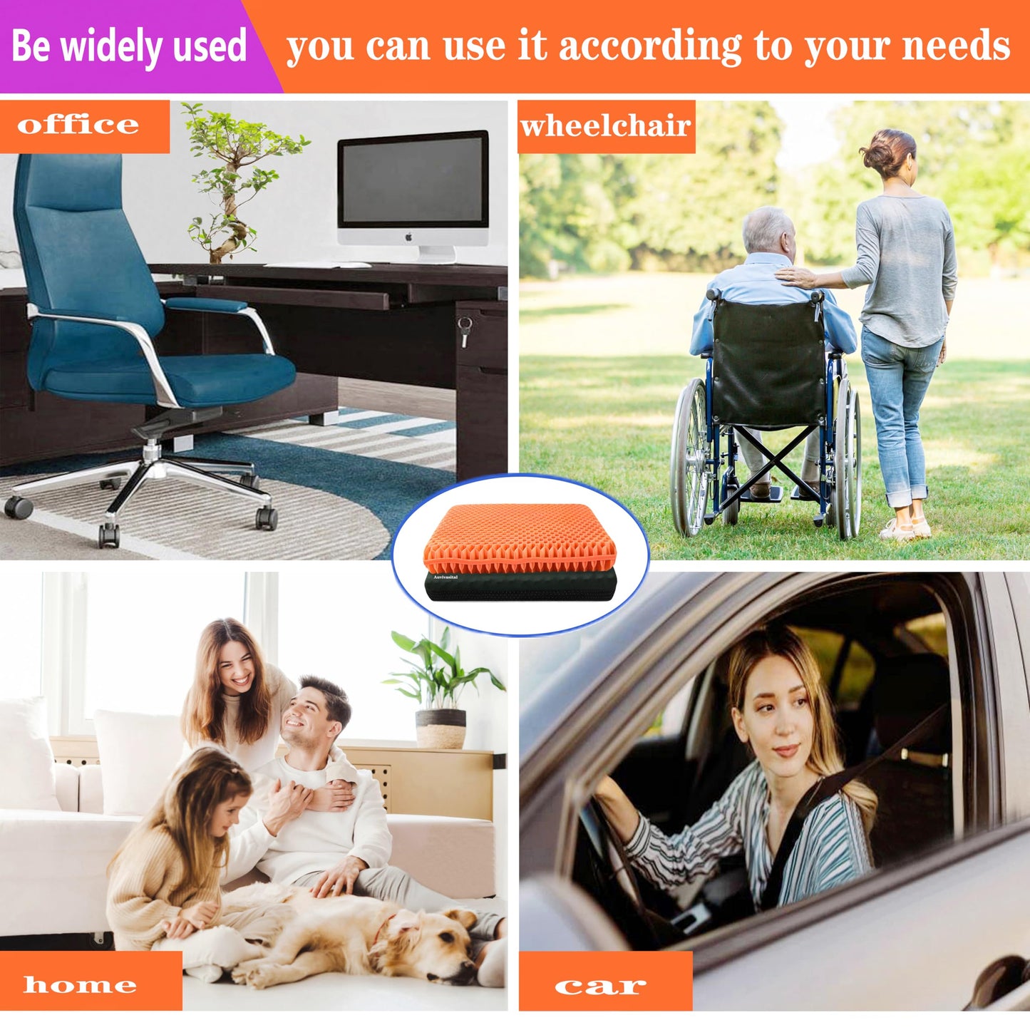 Plus Size Gel Seat Cushion for Long Sitting, Cooling Supportive Large Seat Cushion for Back, Hip, Sciatica, Tailbone Pain Relief, Use for The Office, Wheelchair, Car, Recliner, Stadium, Kayak.(Orange)