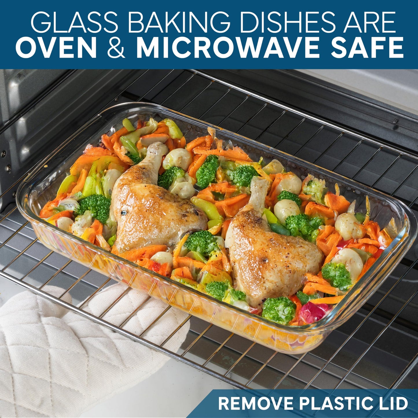 COOK WITH COLOR 8-Piece Deep Glass Baking Dish Set with Plastic Lids – Casserole and Food Storage Containers for Lasagna, Leftovers – Freezer-to-Oven, Microwave & Dishwasher Safe, Fluted Blue
