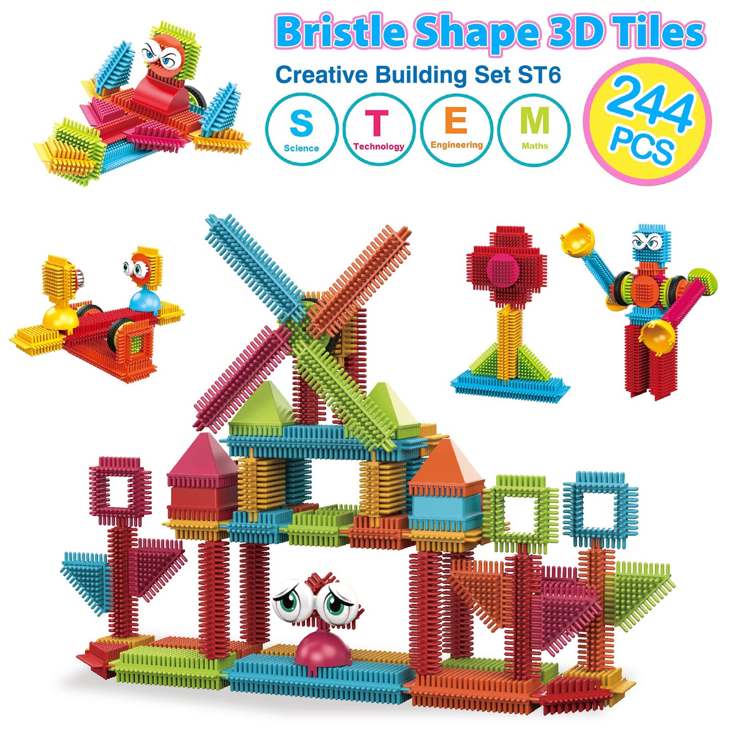 contixo Stem Building Toys, ST7 244 Pieces Bristle Shape 3D Tile Set Building Learning Educational Block Stacking Creative Imagination Toy for Kids