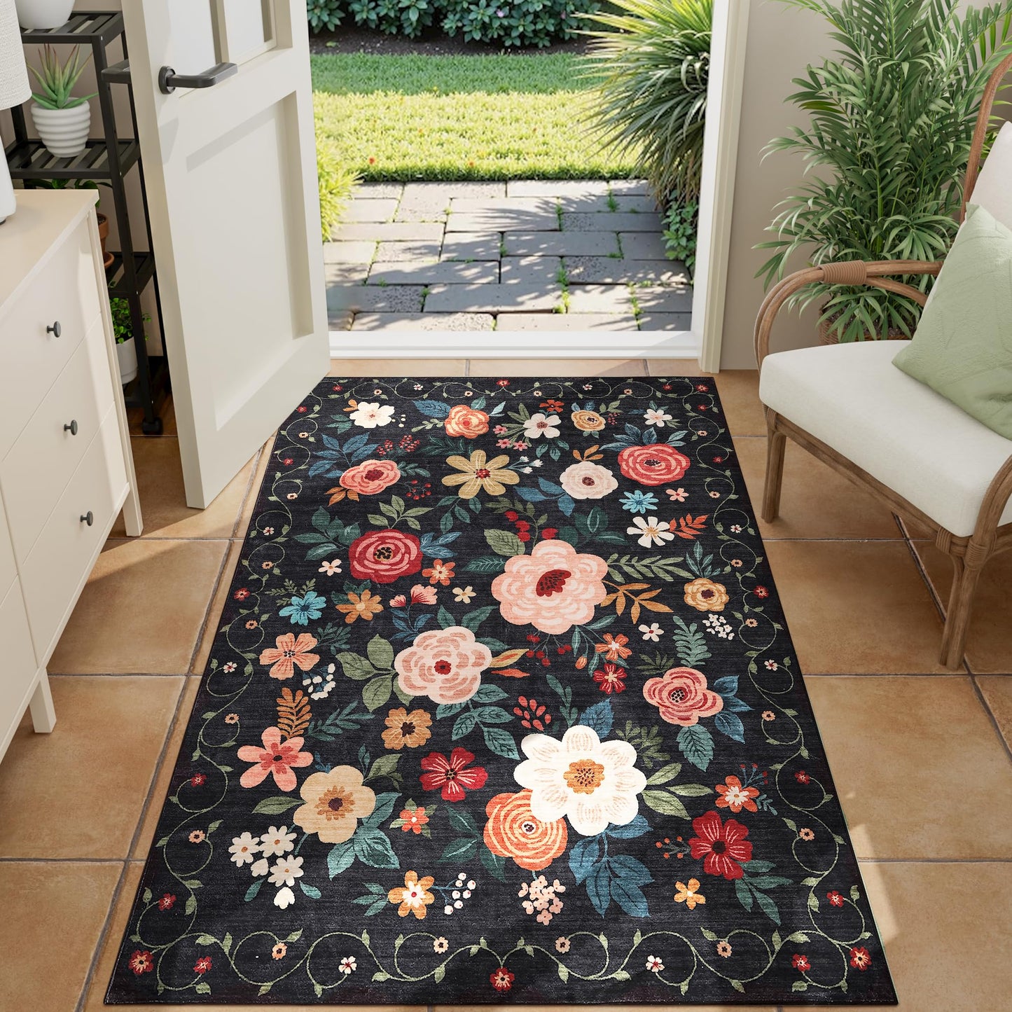 DUKINO 3x4 Area Rug, Lightweight Non Slip Washable Floral Rug, Indoor Low Pile & Non-Shedding Boho Design Carpets for Bedroom, Kitchen, Dining Room, Black