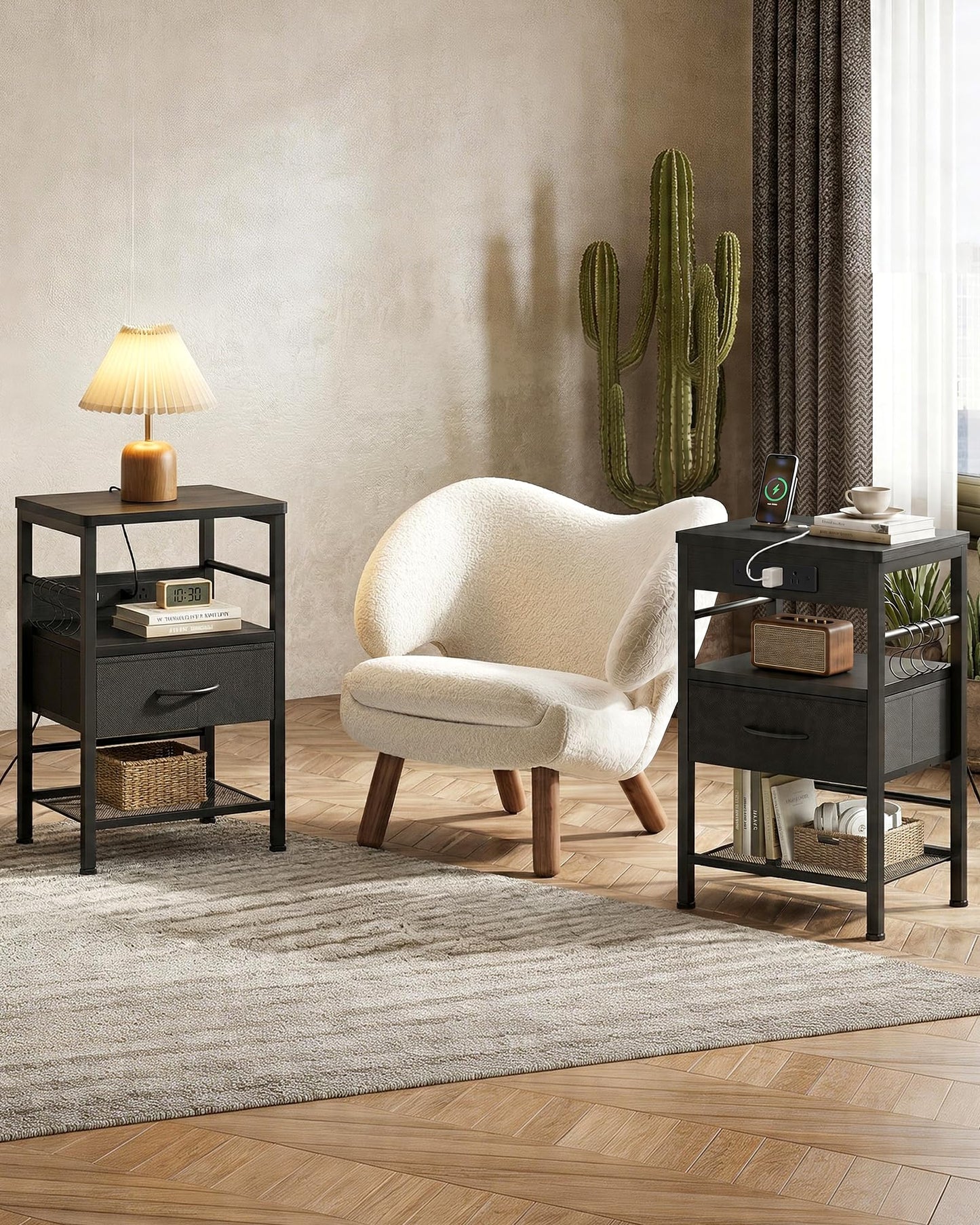 Lazzanto Nightstands Set of 2 with Charging Station, Bedside Tables with Open Shelf & Hooks, End Tables with USB-C USB-A Ports AC Outlets, Night Stand for Bedroom with Fabric Drawer, Black