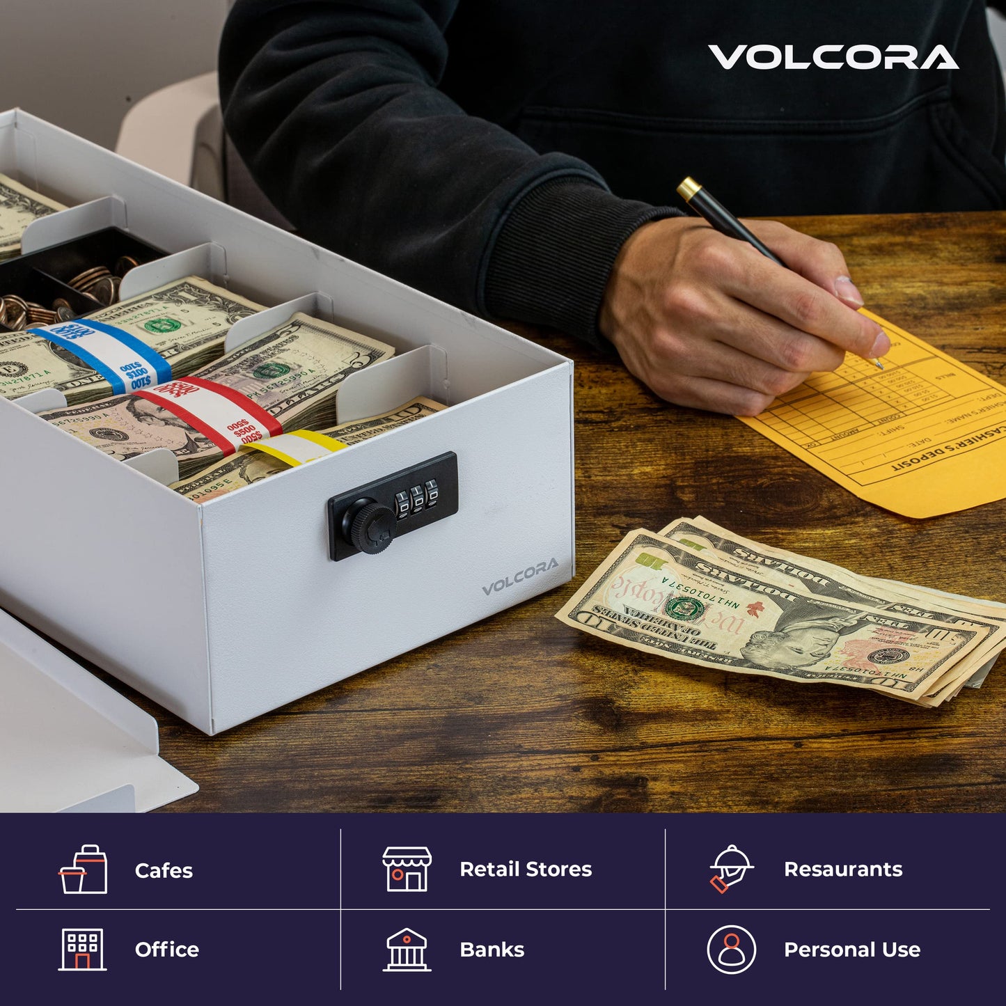 Volcora Cash Box Money Organizer - 15” x 7.5” x 4” Cashbox 5 Compartments Drawer Tray - Bills and Coin Slot with Combination Lock for POS Register, Kiosk, Retail, Personal and Business Use, White