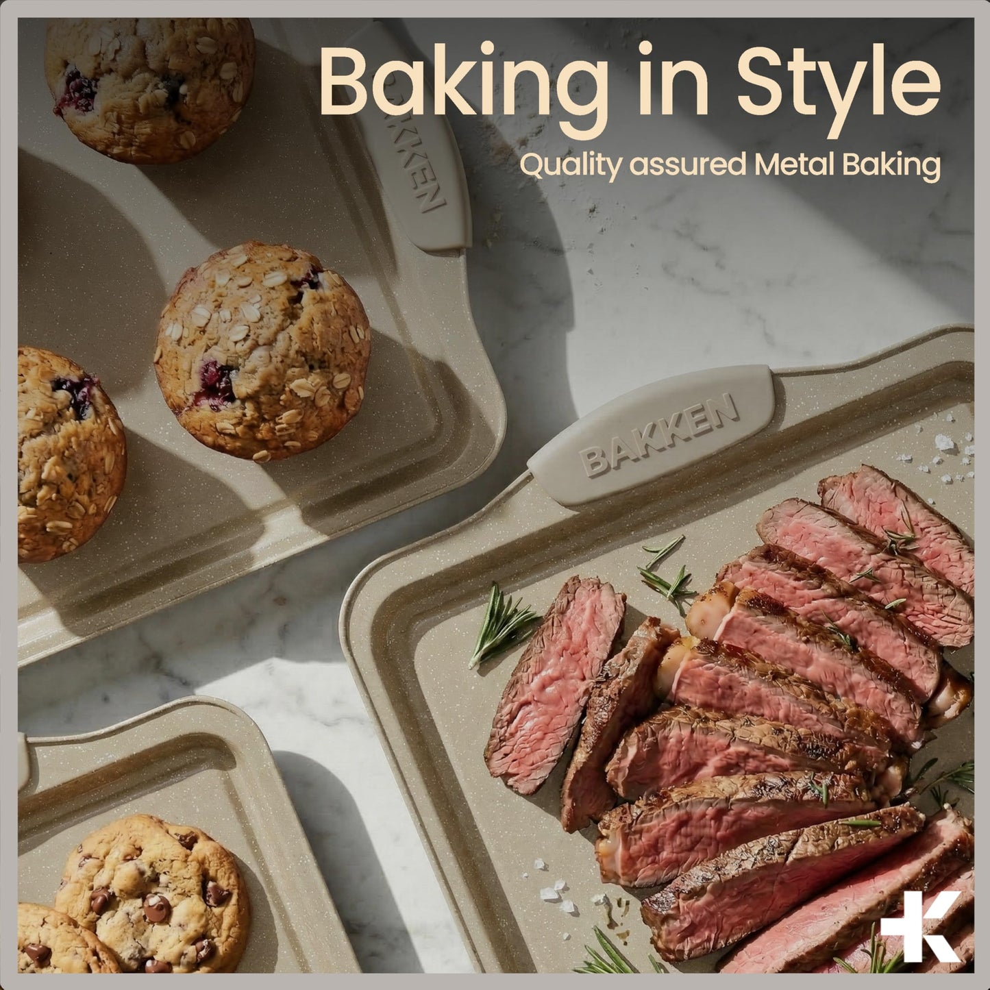 BAKKEN Kitchen Oven Baking Pans - Nonstick Gray Coating, Carbon Steel Bakeware Set with White Silicone Handles, Commercial Restaurant Quality Pans, PFOA, PFOS, PTFE Free, Oven Safe (450° F), Set of 10