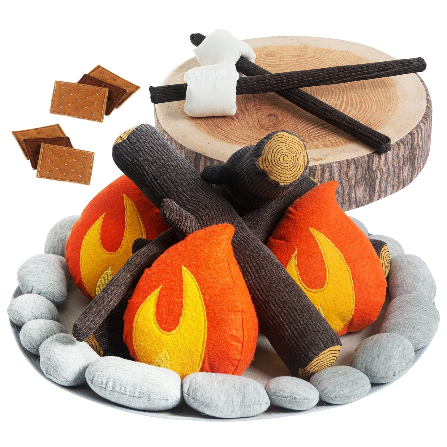 Pretend Campfire Set for Kids with S'Mores Kit & Wood Log Pillow. Soft, Safe & Durable Toy Campfire for Pretend Play & Sensory Play. Plush Felt Kids Campfire Playset for Age 3+