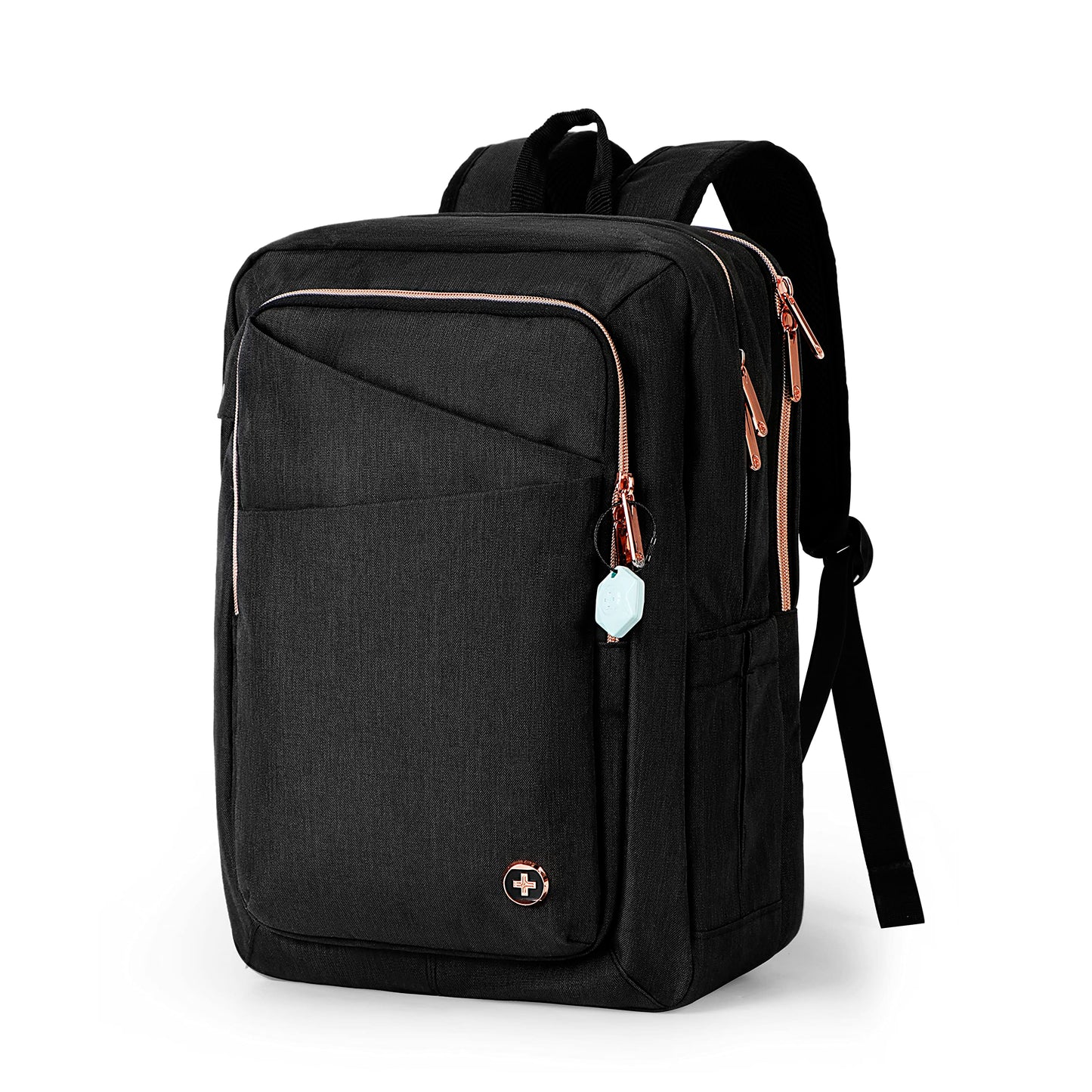 Swissdigital Design Katy Rose Backpack For Women Black with Rose Gold-Tone Zippers College Travel Laptop Backpack With Apple Find My network (KATY ROSE SD1006FB0-01) One Nation One World