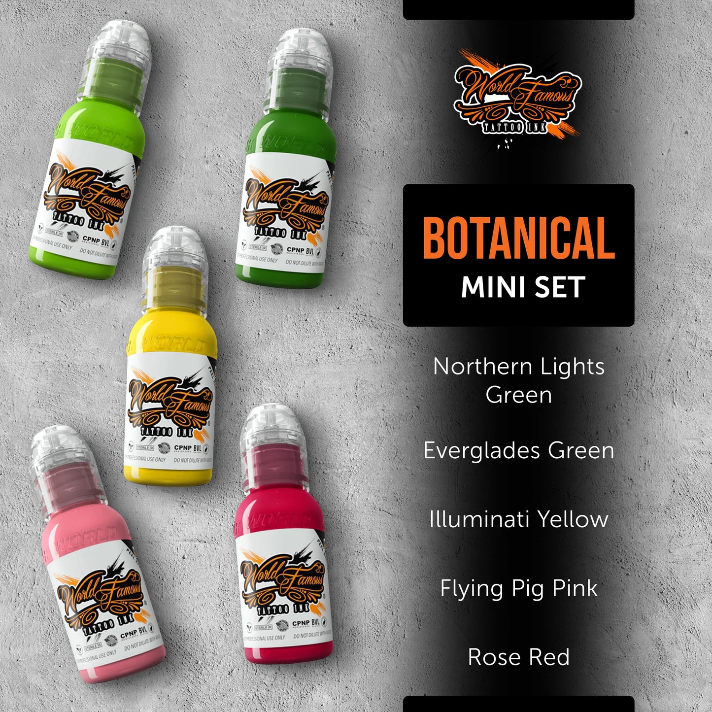 World Famous Botanical Mini Color Tattoo Ink Pigment Set of 5, Vegan, Professional Supplies, 1oz Bottles, Northern Lights, Everglades Green, Illuminati Yellow, Flying Pig Pink, Rose Red