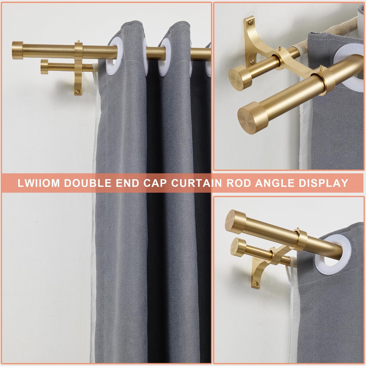Lwiiom Double Curtain Rods with Aluminum End Cap and Full Surround Brackets,1"Front and 5/8" Back Rod,Adjustable between 72 to 144 Inches (6-12 Feet), Warm Gold Double Window Drapery Rod