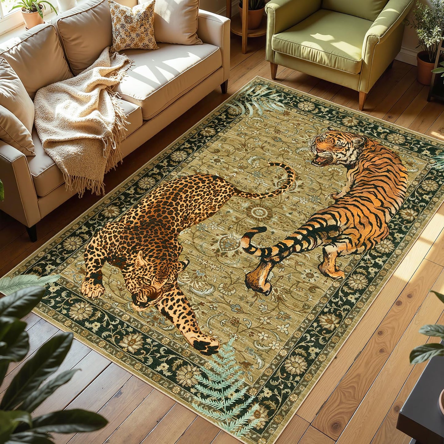 Joydeco Washable Tiger Print 5x7 Living Room Area Rug, Vintage Boho Cheetah Dining Room Rug Non Slip, Leopard Stain Resistant Carpet for Bedroom Office Playroom Entryway, Camel