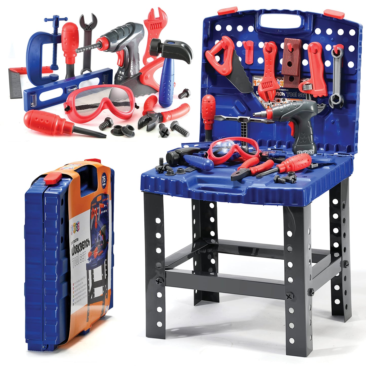 Play22 Kids Tool Workbench 76 Set - Kids Tool Set with Electronic Play Drill - STAM Educational Pretend Play Construction Workshop Tool Bench - Pretend Play Tool Set Build Your Own Kids Tool Box