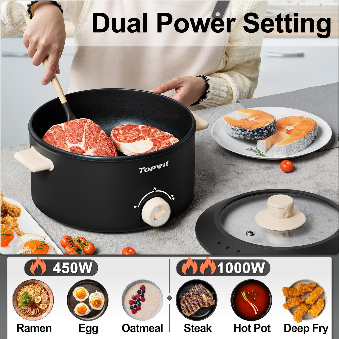 TOPWIT Hot Pot Electric, 4L Electric Pot with Non-Stick Coating, Dual Power Electric Cooker for Deep Frying, Steak, Pasta, Multi-Functional Large Capaity Shabu Shabu Pot for Party, Dark Black