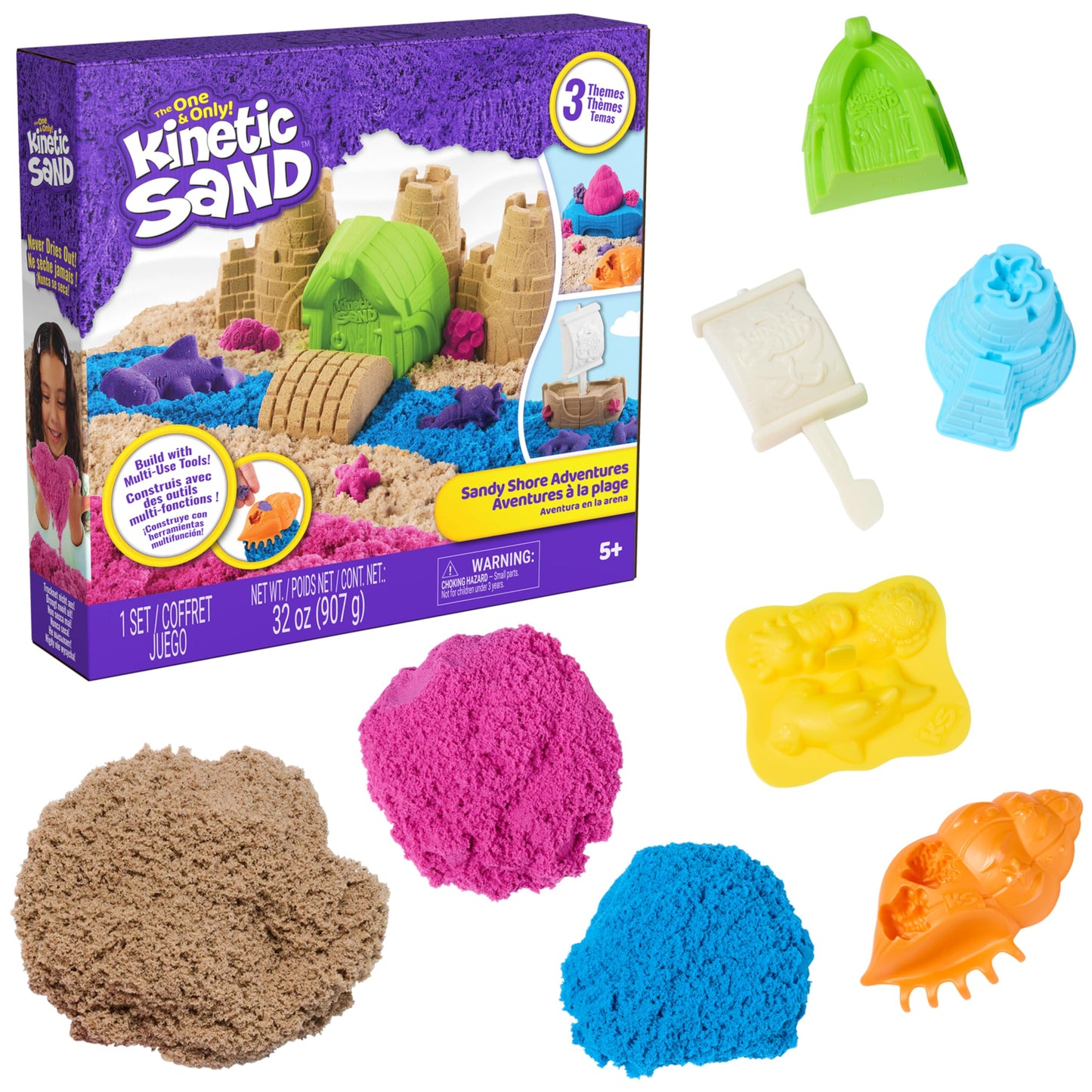 Kinetic Sand, Sandy Shore Adventures 3-in-1 Beach Playset with 32 oz of Moldable Play Sand and 5 Tools, Arts and Crafts Sensory Toys and Craft Kits for Kids Ages 5 and up