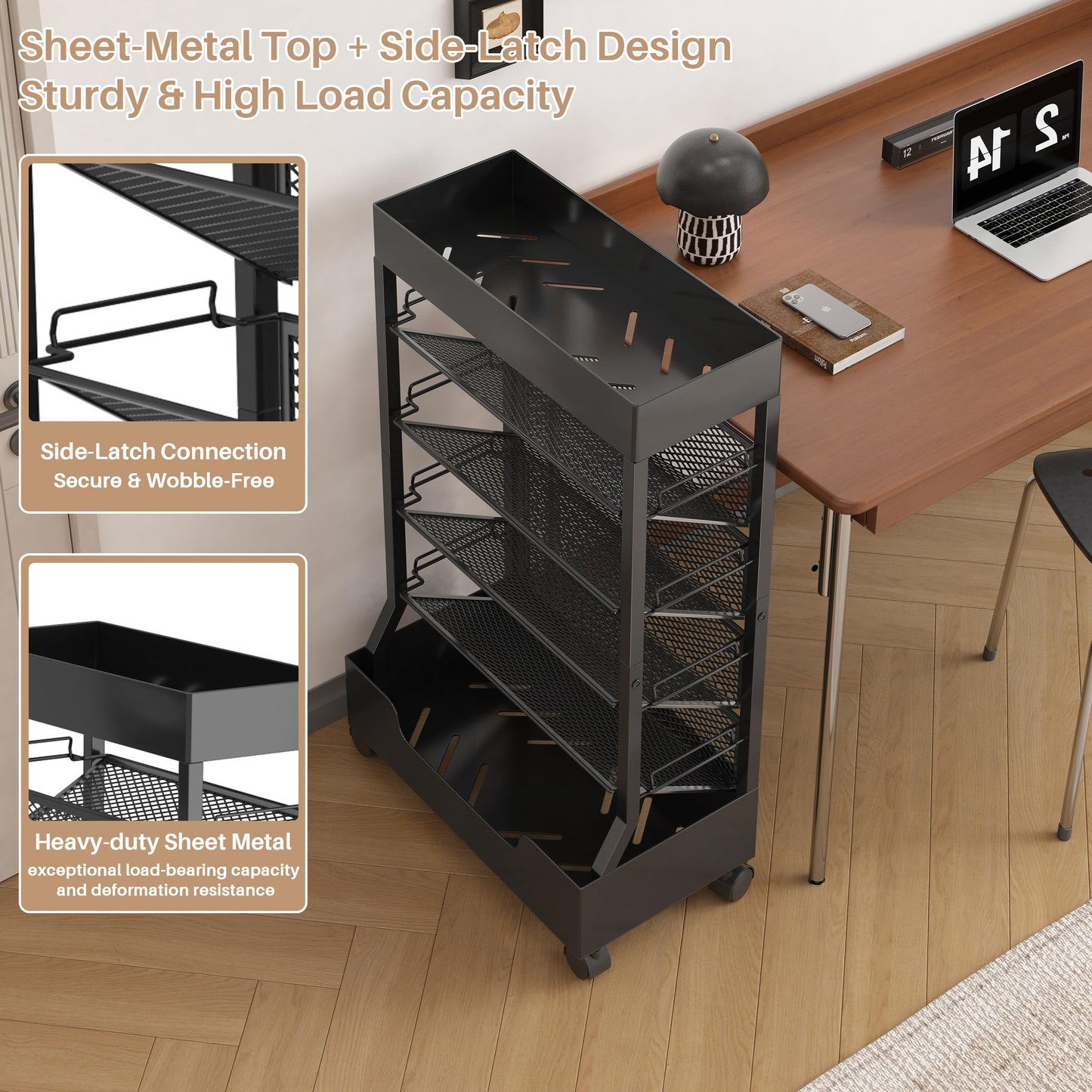 UMDONX Modern Mobile Book Cart Single-Sided Rolling Bookshelf with Metal Top & Base, Premium Snap-in Shelves, Heavy Duty & Elegant Storage for Home Study, Office, Classroom Black