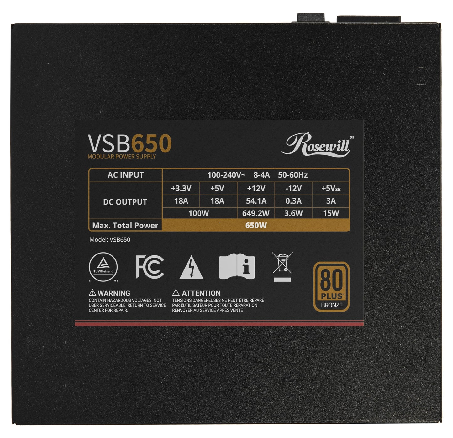 Rosewill VSB 650W 80+ Bronze, ATX 3.0 & 3.1 Compatible, Semi-Modular Power Supply, PCIe 5.1 12V-2x6 Connector, 105°C/221°F Japanese Capacitor, 120mm ICB Silent Fan - 5 Year Warranty