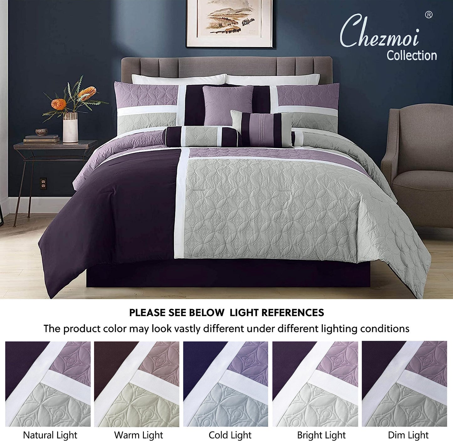 Chezmoi Collection Upland 7-Piece Quilted Patchwork Comforter Set, Lavender/Gray/Purple, Queen