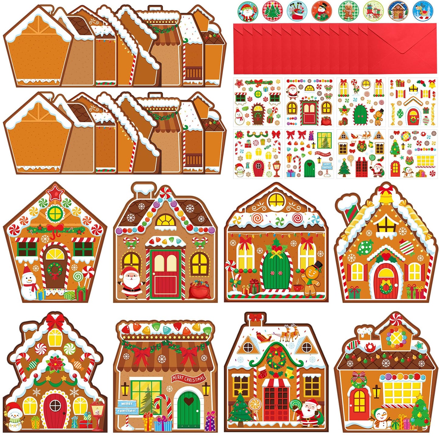 Moinchore 32 Pack Christmas Cards Gingerbread House Crafts DIY Cards with Envelopes Christmas Gingerbread Crafts Kit Christmas Greeting Cards Xmas Stickers Cards DIY for Kids Christmas Party Supplies