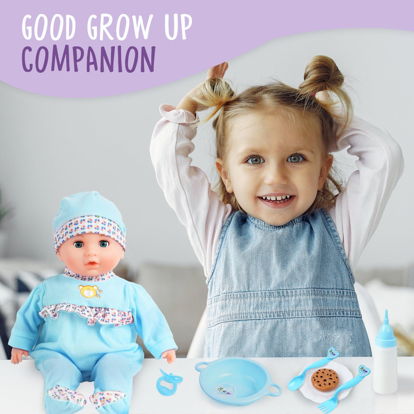 Toy Choi's Interactive Baby Doll - 40cm Crying Talking Feeding Soft Body Dolls for 2+ Year Old with Bottle Pacifier and Accessories, Pretent Play Preschool Gifts for Girls Boys, Blue