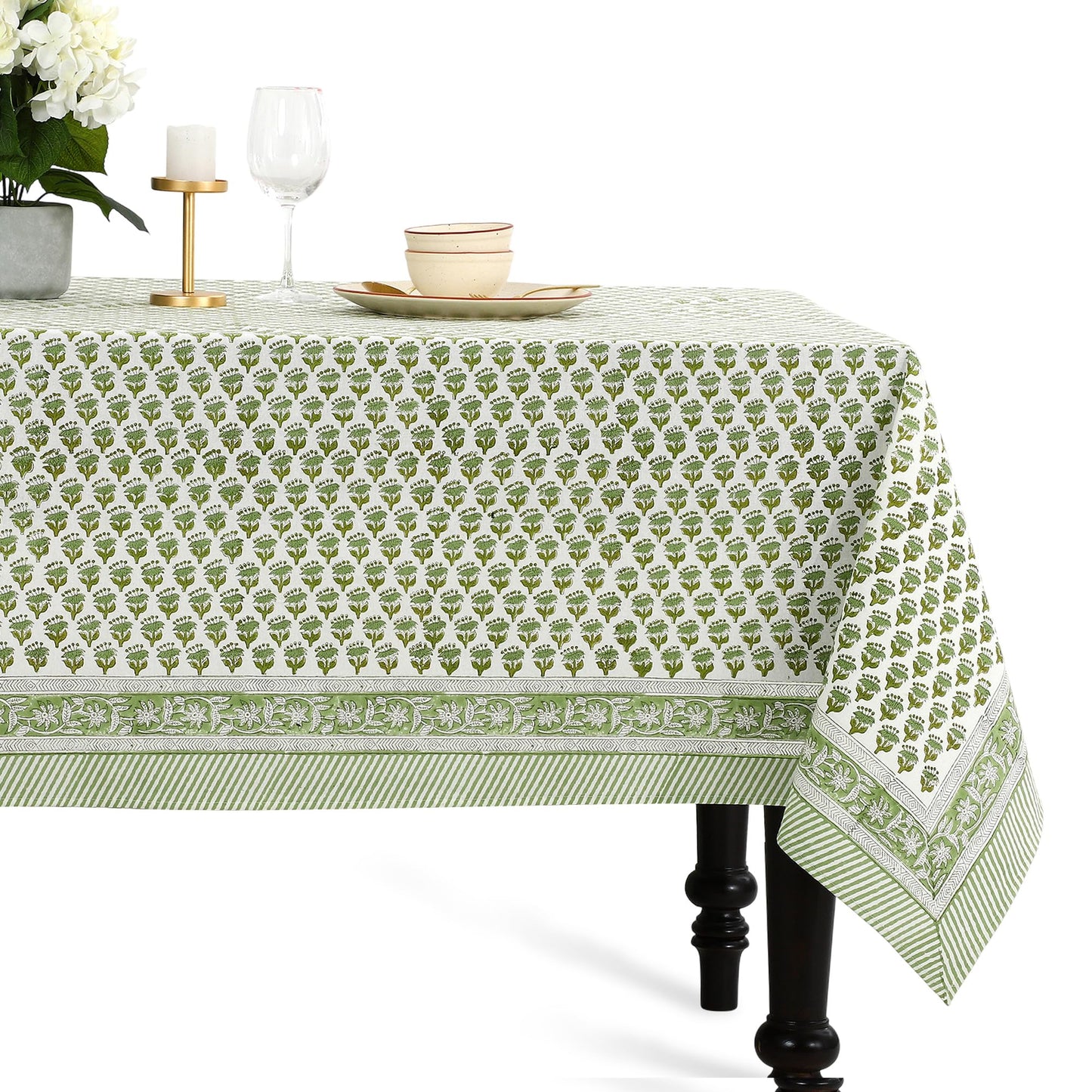 CPC Tablecloth 100% Cotton 70x118 Inch Indian Block Print Rectangle Table Cover, Table Cloth for Weddings, Spring/Summer, Barbeque - Emerald Green