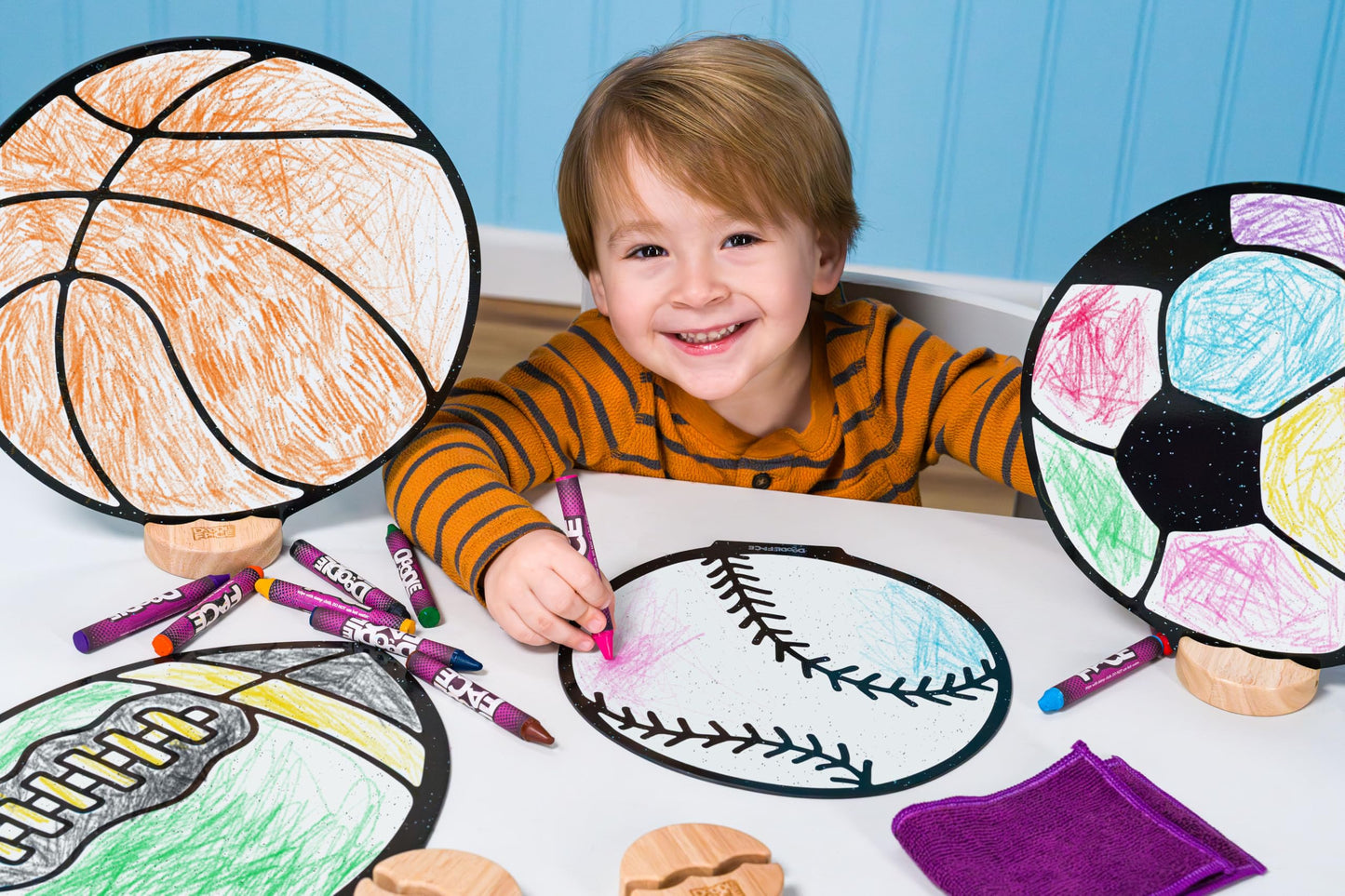High-Contrast Black & White 3D Sports Set — Builds Baby Vision Books & Cards Can't. Then Toddler Motor Skills for School. Re-Colorable Baseball, Basketball, Football, Soccer Ball + 10 Crayons