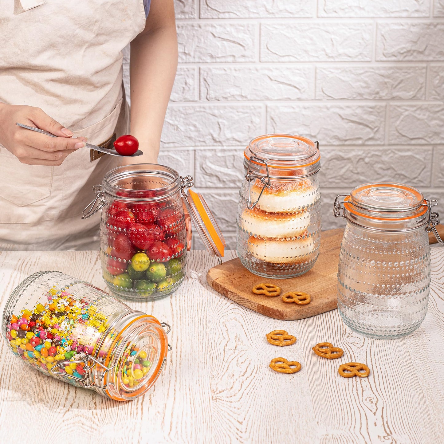 WACOI 32 Oz Glass Mason Jars with Airtight Lids 6 Pack, Wide Mouth Canning Jars with Clip Top Lids for Kitchen Storage Pickling Salad Jams Coffee Beans
